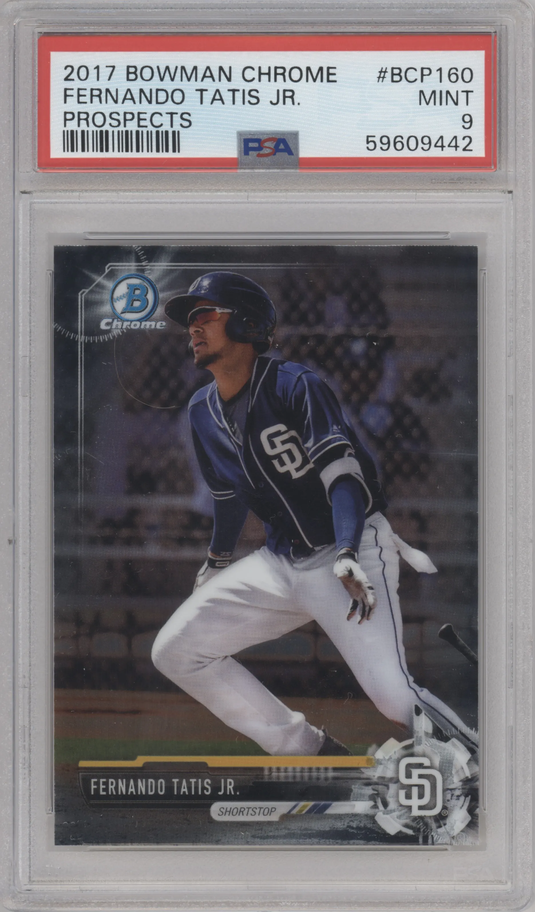 Fernando Tatis Jr. from the 2017 Bowman Chrome set graded by PSA and given an overall grade of 9.