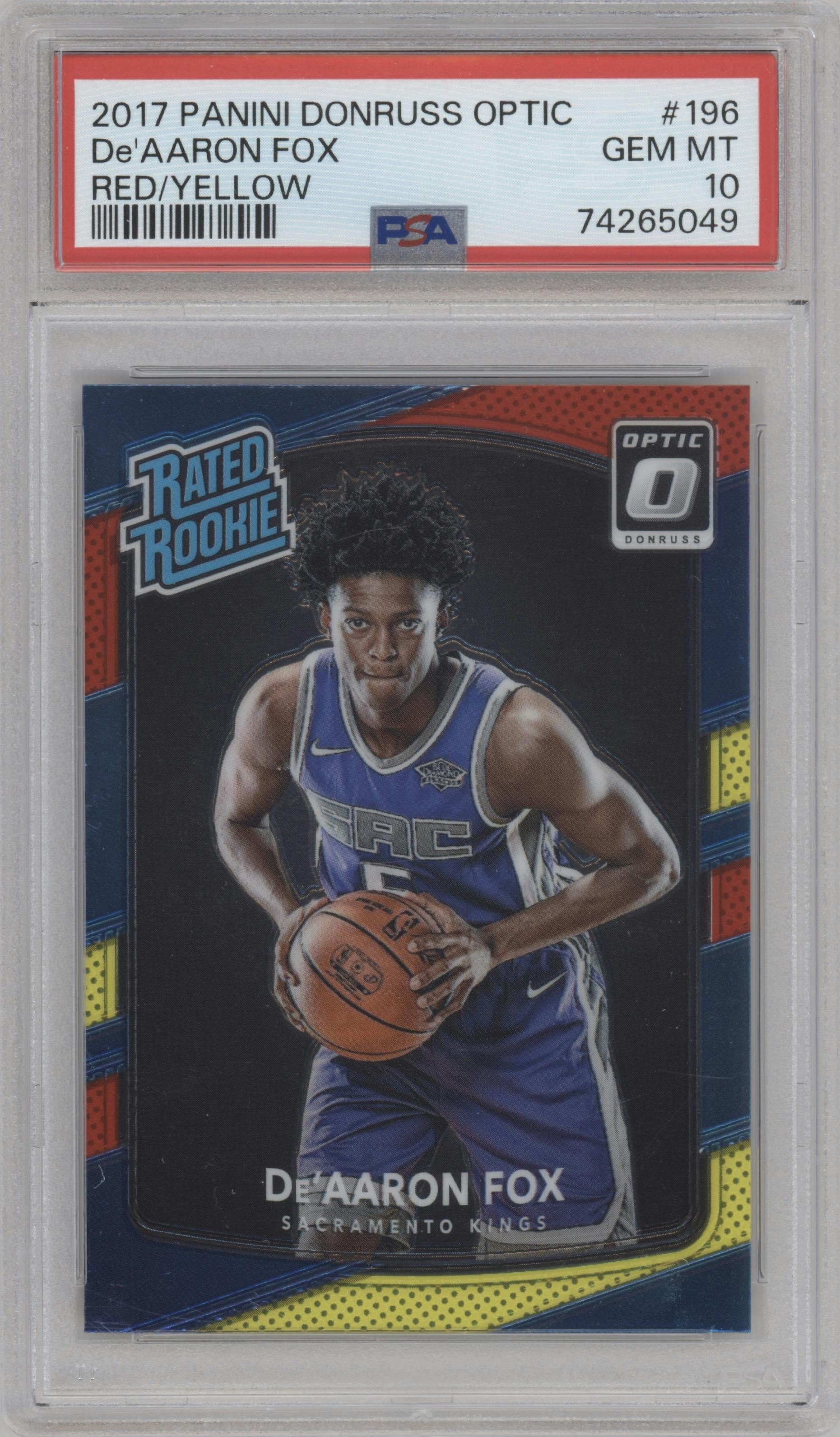 De'Aaron Fox from the 2017-18 Panini Donruss Optic set featuring a Red/Yellow  parallel graded by PSA and given an overall grade of 10.