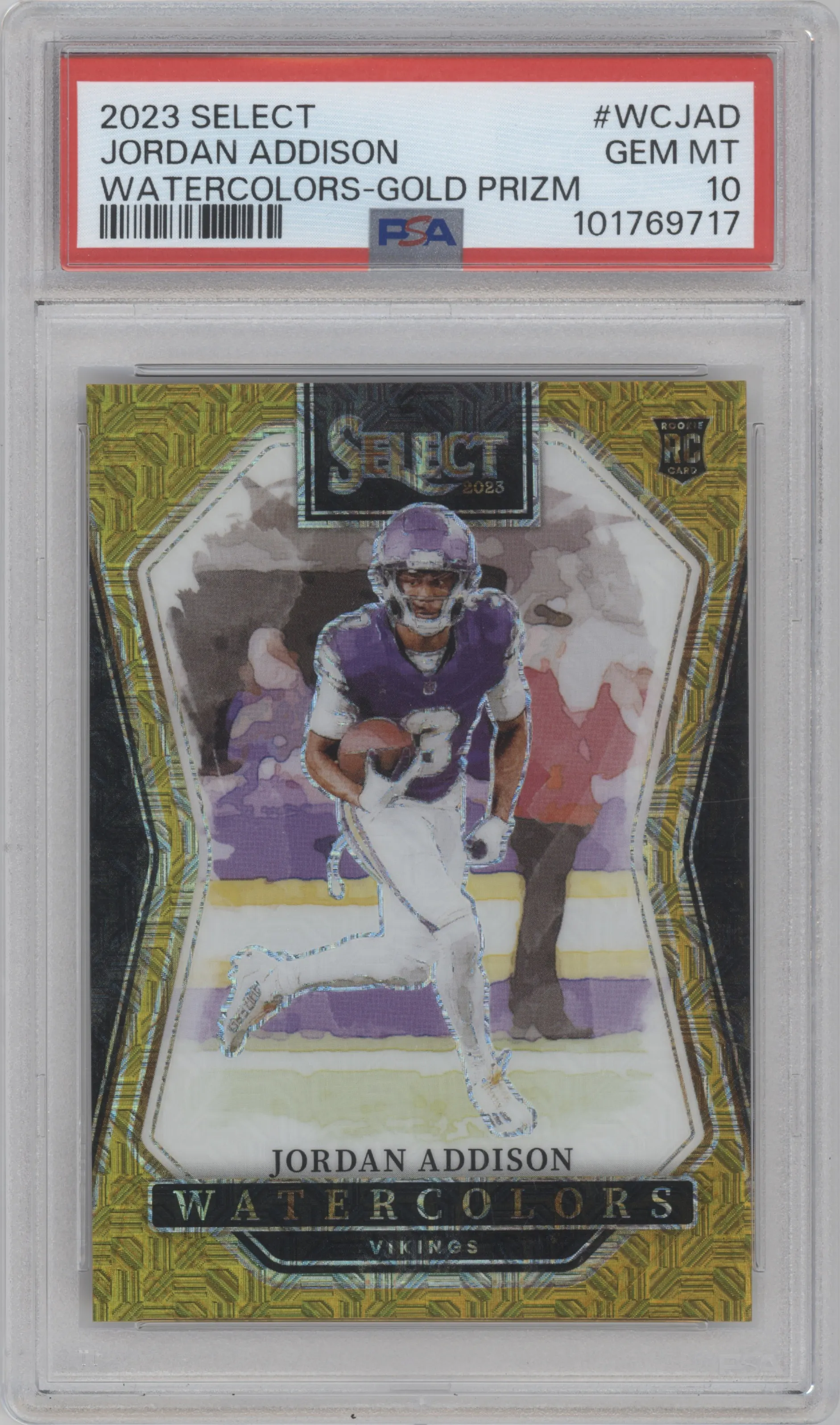 Jordan Addison from the 2023 Panini Select set featuring a Gold Prizm parallel graded by PSA and given an overall grade of 10.