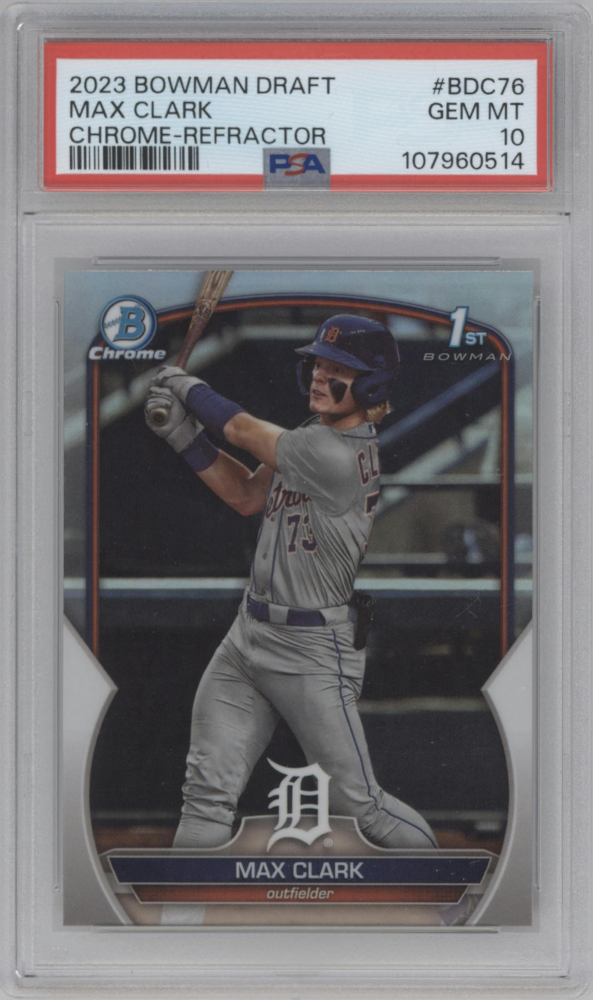 Max Clark from the 2023 Bowman Draft set featuring a Refractor parallel graded by PSA and given an overall grade of 10.