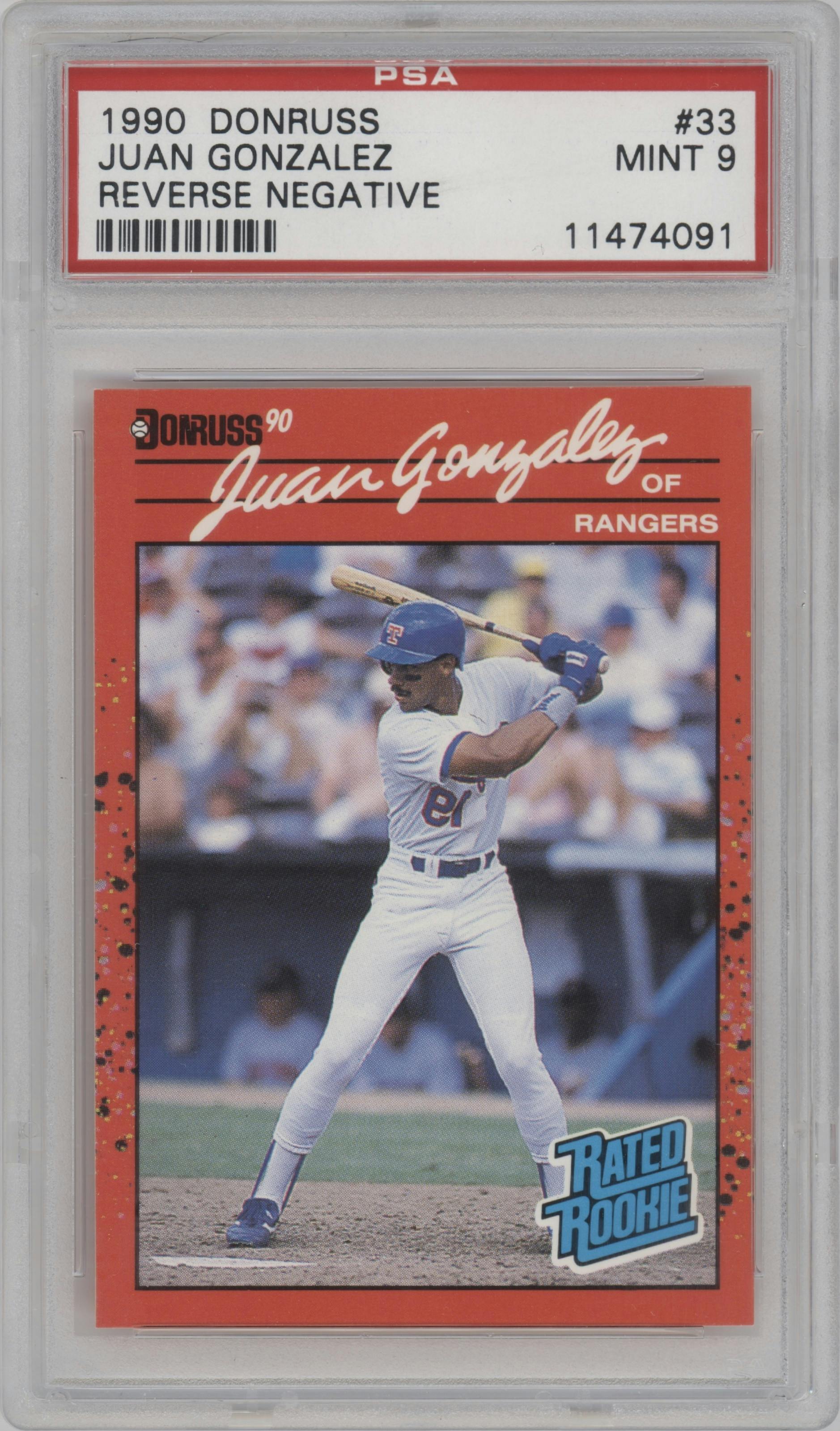 Juan Gonzalez from the 1990 Donruss set featuring a Variation parallel graded by PSA and given an overall grade of 9.
