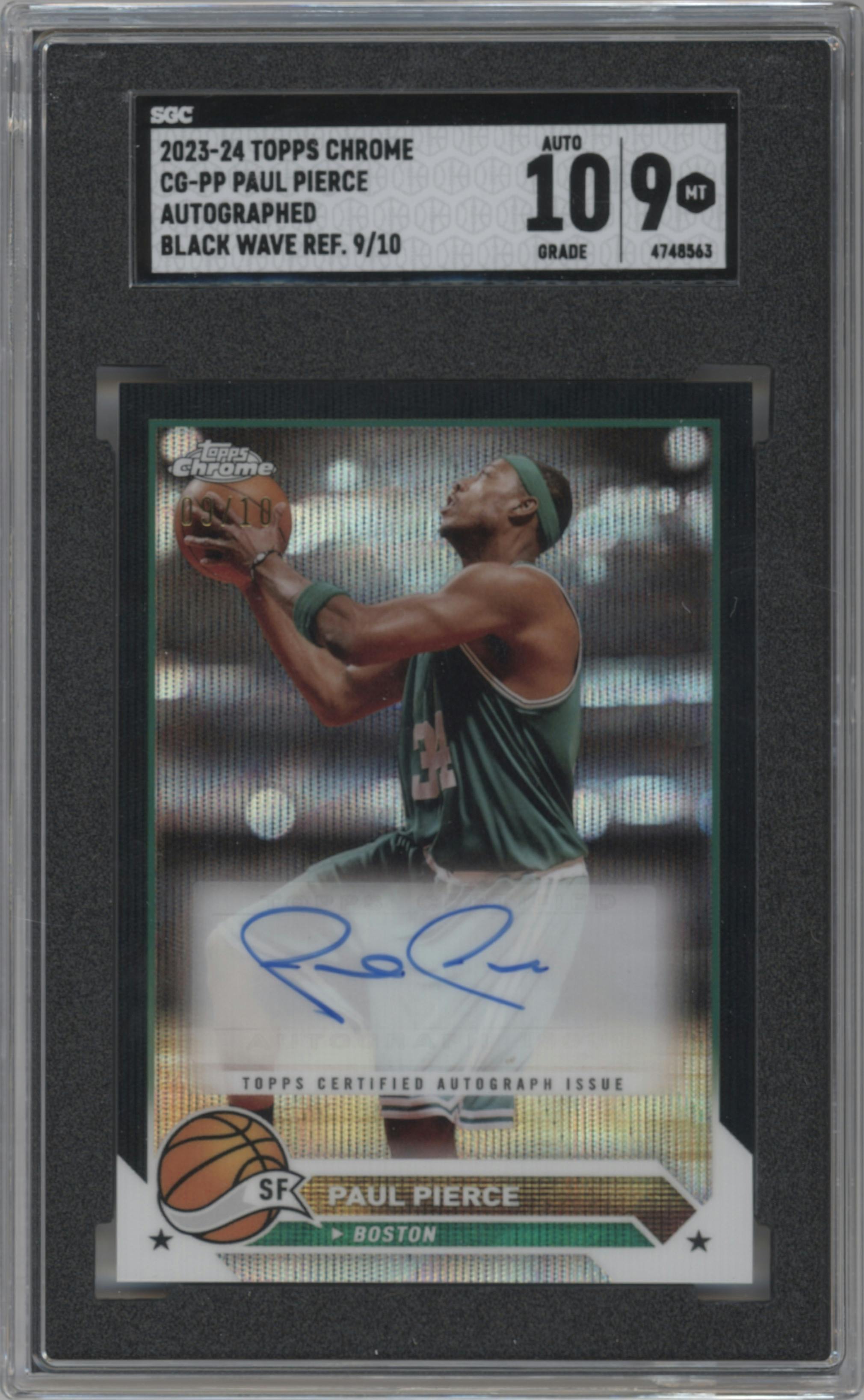 Paul Pierce from the 2023-24 Topps Chrome set featuring a Black Wave Refractor parallel graded by SGC and given an overall grade of 9.