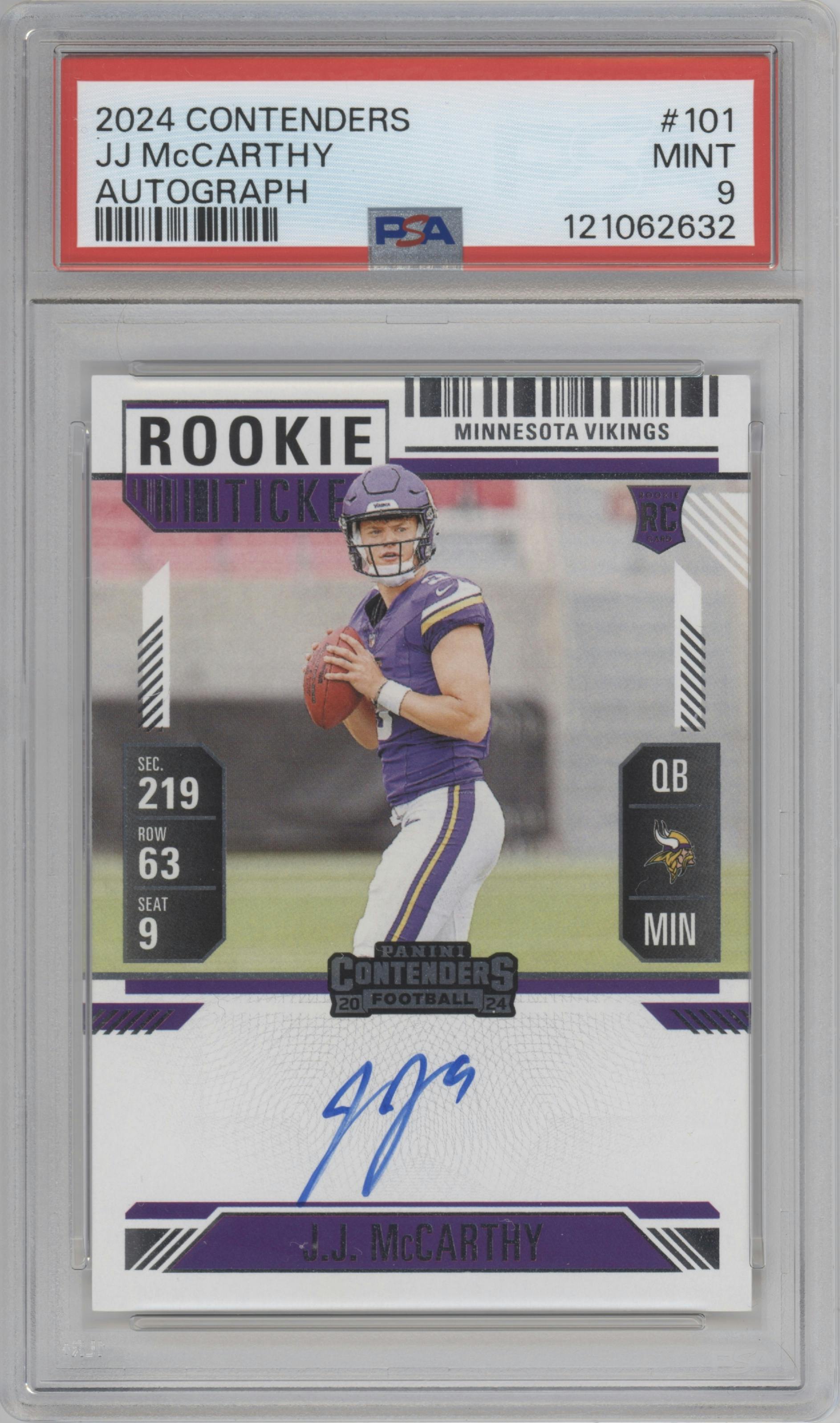 J.J. McCarthy from the 2024 Panini Contenders set graded by PSA and given an overall grade of 9.