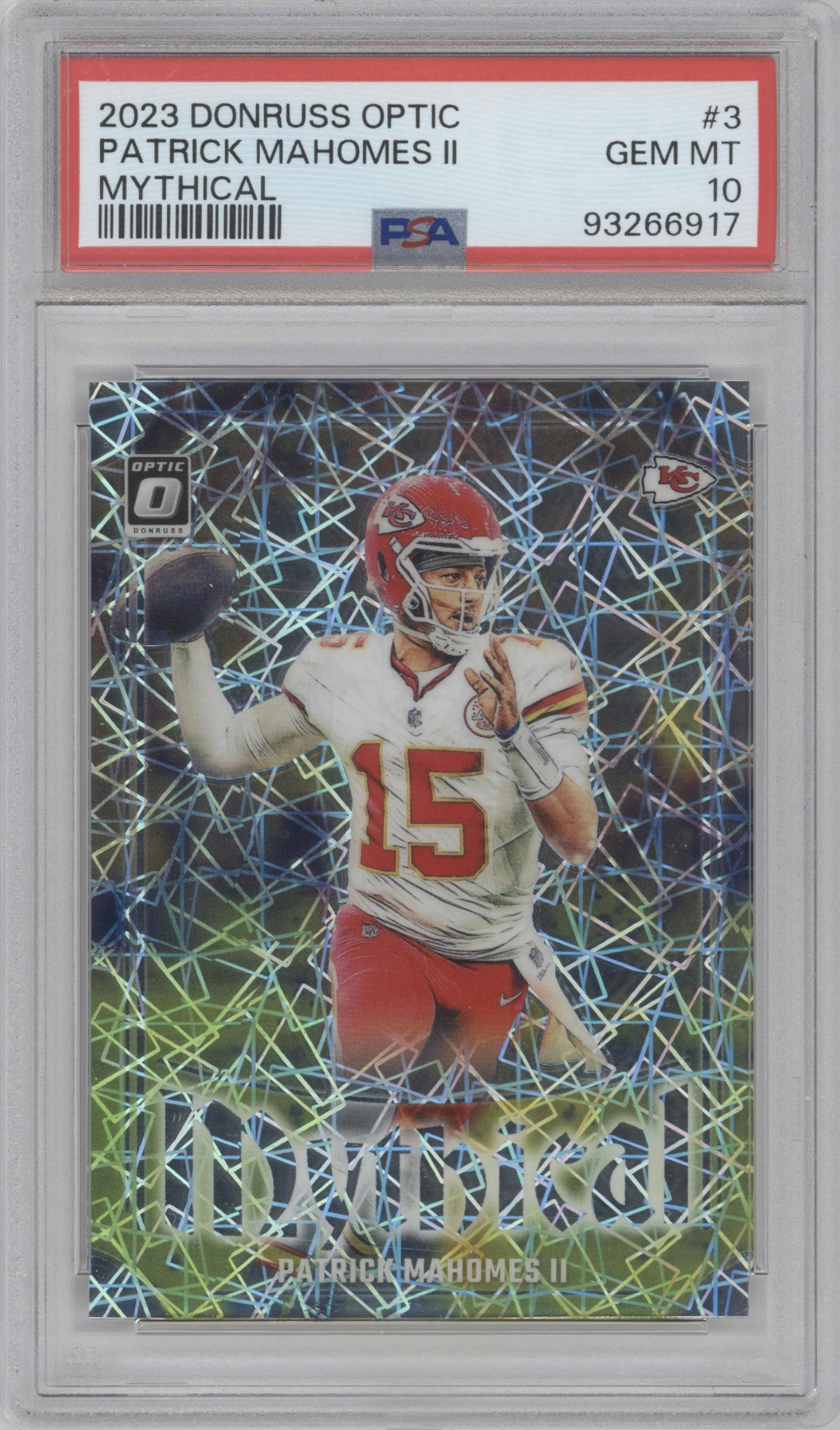 Patrick Mahomes II from the 2023 Donruss Optic set graded by PSA and given an overall grade of 10.