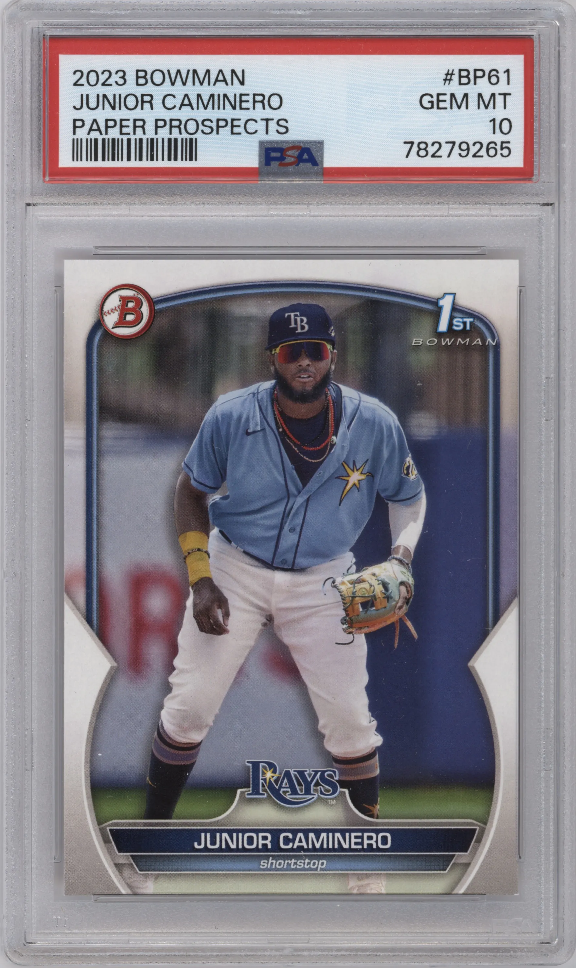 Junior Caminero from the 2023 Bowman  set graded by PSA and given an overall grade of 10.