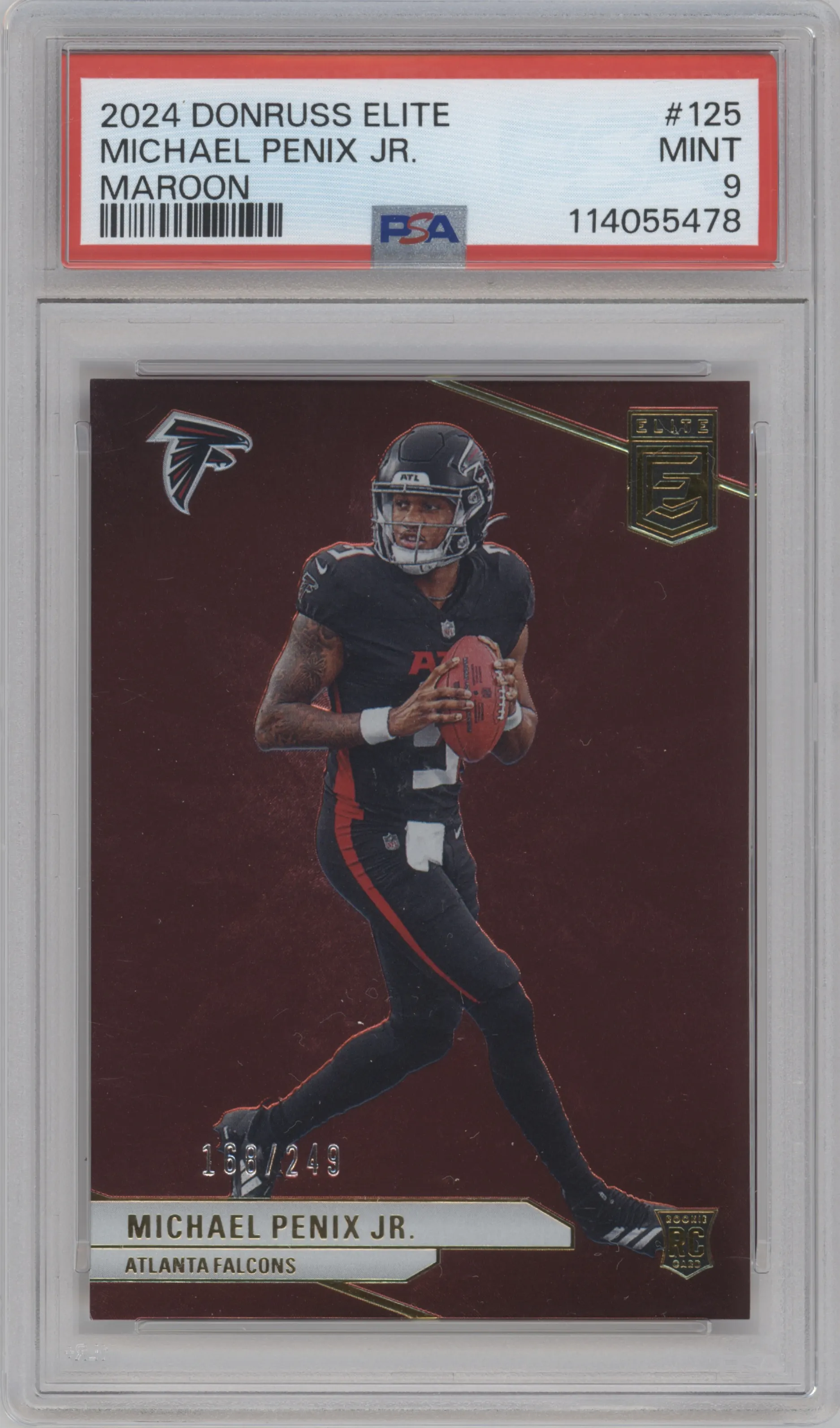 Michael Penix Jr. from the 2024 Panini Donruss Elite set featuring a Maroon parallel graded by PSA and given an overall grade of 9.