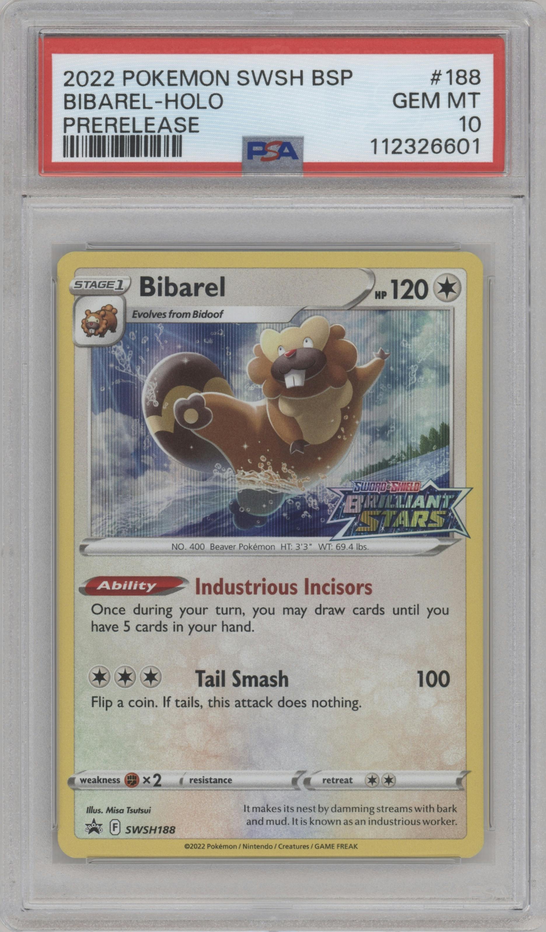 Bibarel from the 2022 Pokemon SWSH set featuring a Pre-Release parallel graded by PSA and given an overall grade of 10.