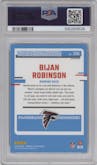 Bijan Robinson from the 2023 Donruss Optic set featuring a Hyper Blue parallel graded by PSA and given an overall grade of 10.