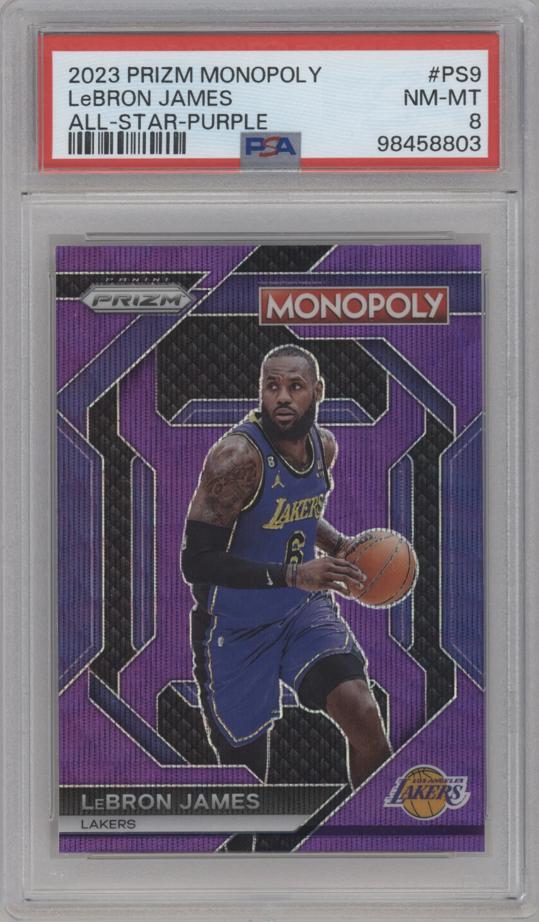 LeBron James from the 2023-24 Panini Prizm Monopoly set featuring a Purple parallel graded by PSA and given an overall grade of 8.