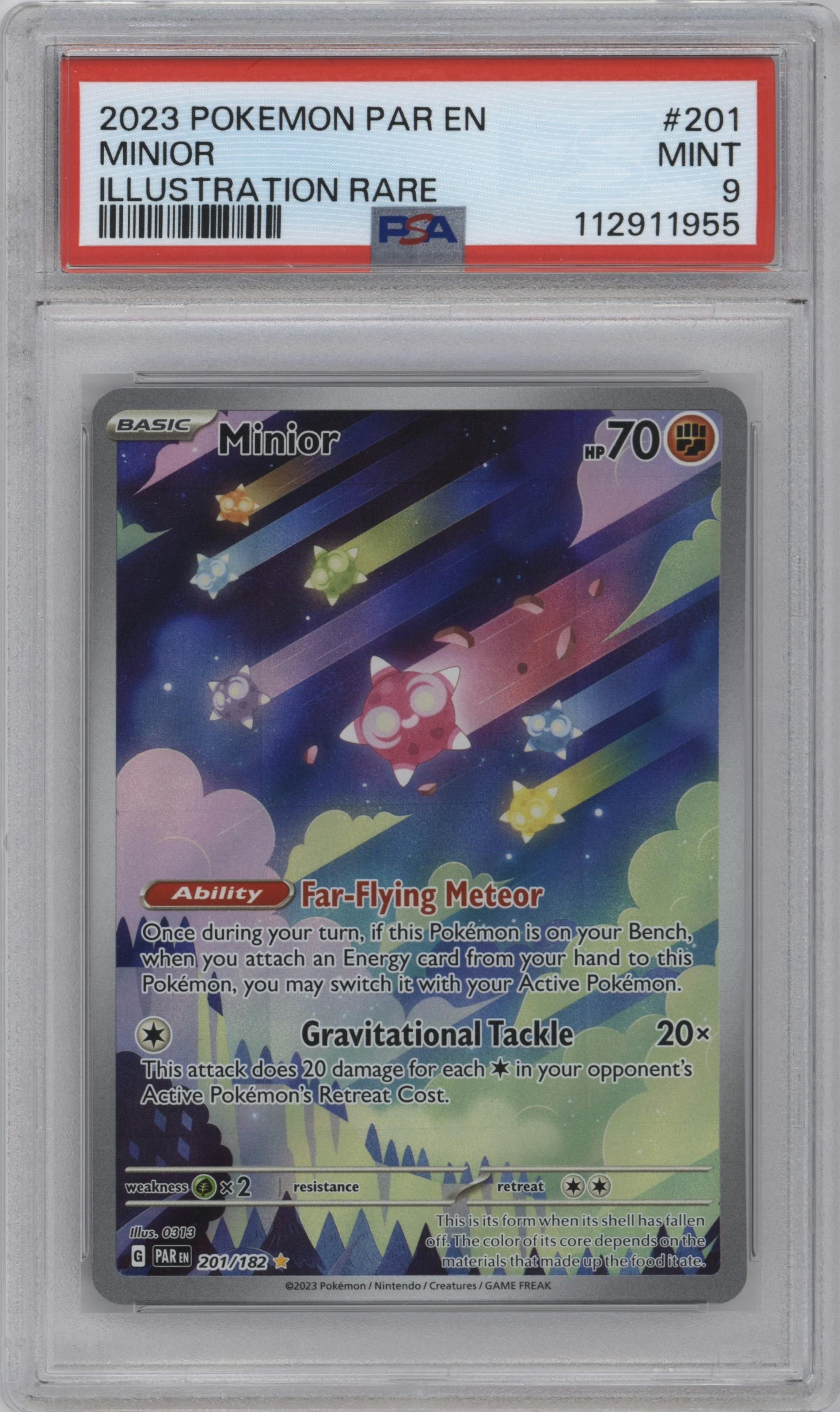 Minior from the 2023 Pokemon SV set graded by PSA and given an overall grade of 9.