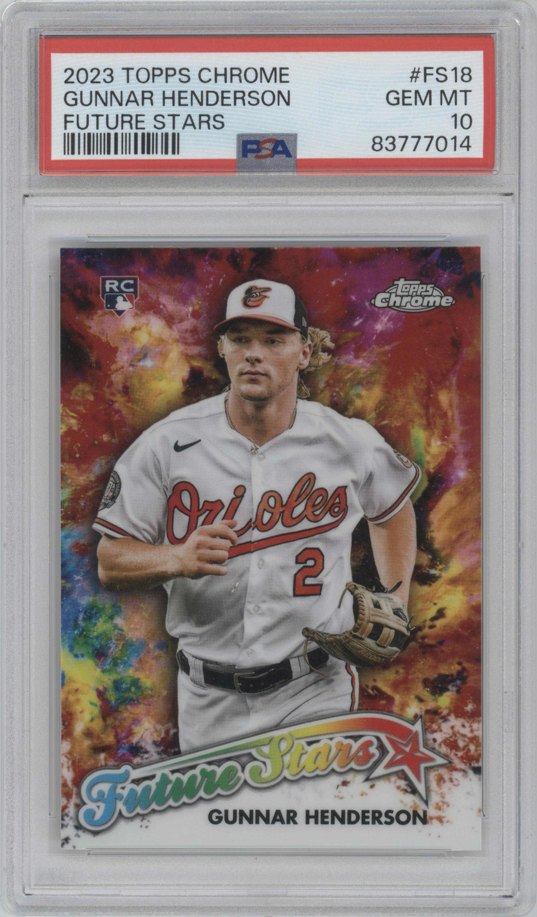 Gunnar Henderson from the 2023 Topps Chrome set graded by PSA and given an overall grade of 10.