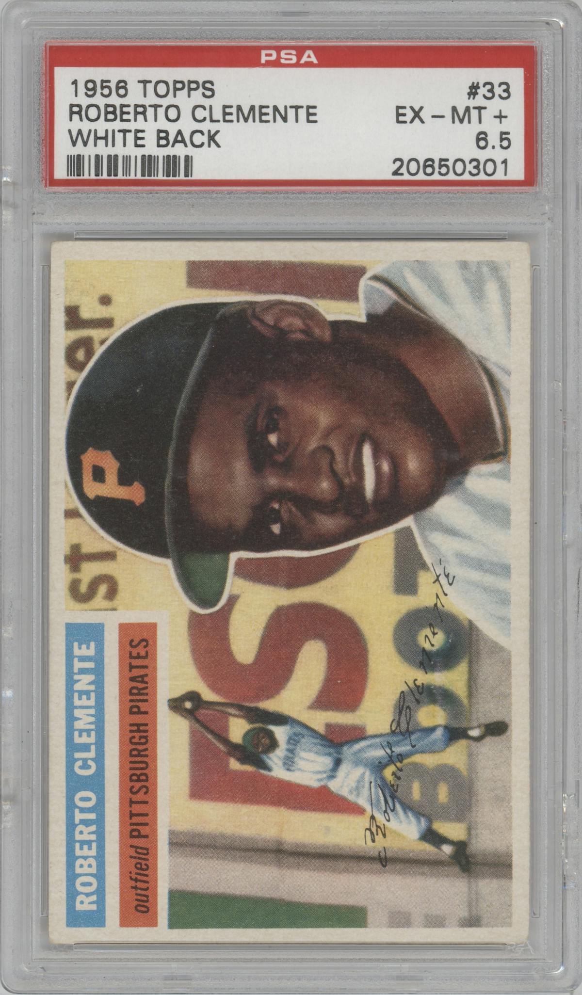 Roberto Clemente from the 1956 Topps set featuring a White Back parallel graded by PSA and given an overall grade of 6.5.