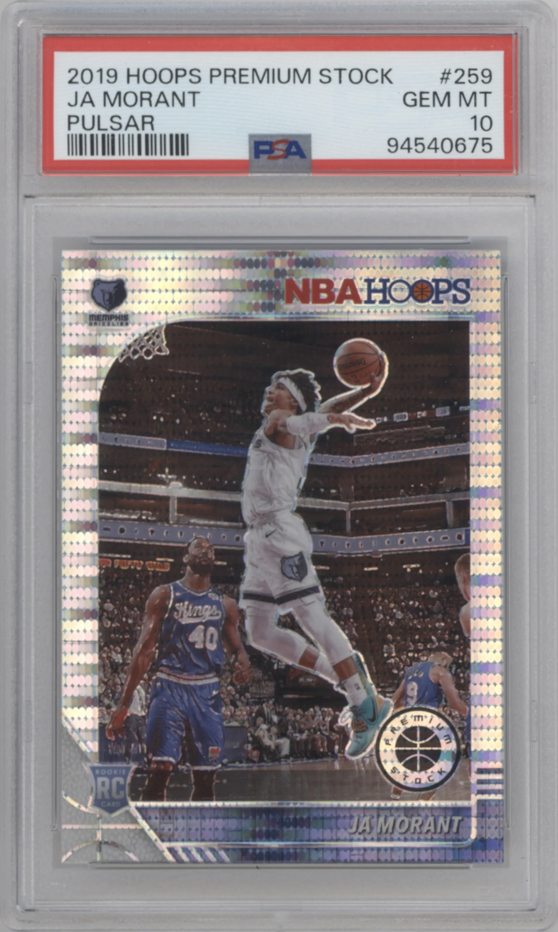Ja Morant from the 2019-20 Panini Hoops Premium Stock set featuring a Pulsar parallel graded by PSA and given an overall grade of 10.