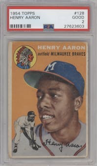 Henry Aaron from the 1954 Topps set graded by PSA and given an overall grade of 2.