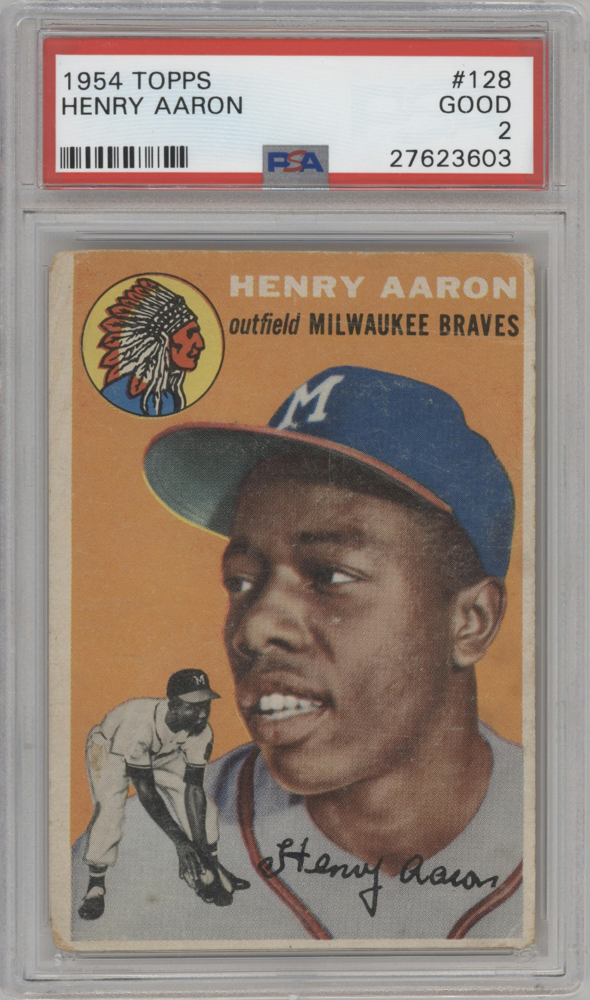 Henry Aaron from the 1954 Topps set graded by PSA and given an overall grade of 2.