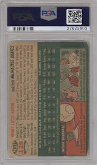 Henry Aaron from the 1954 Topps set graded by PSA and given an overall grade of 2.