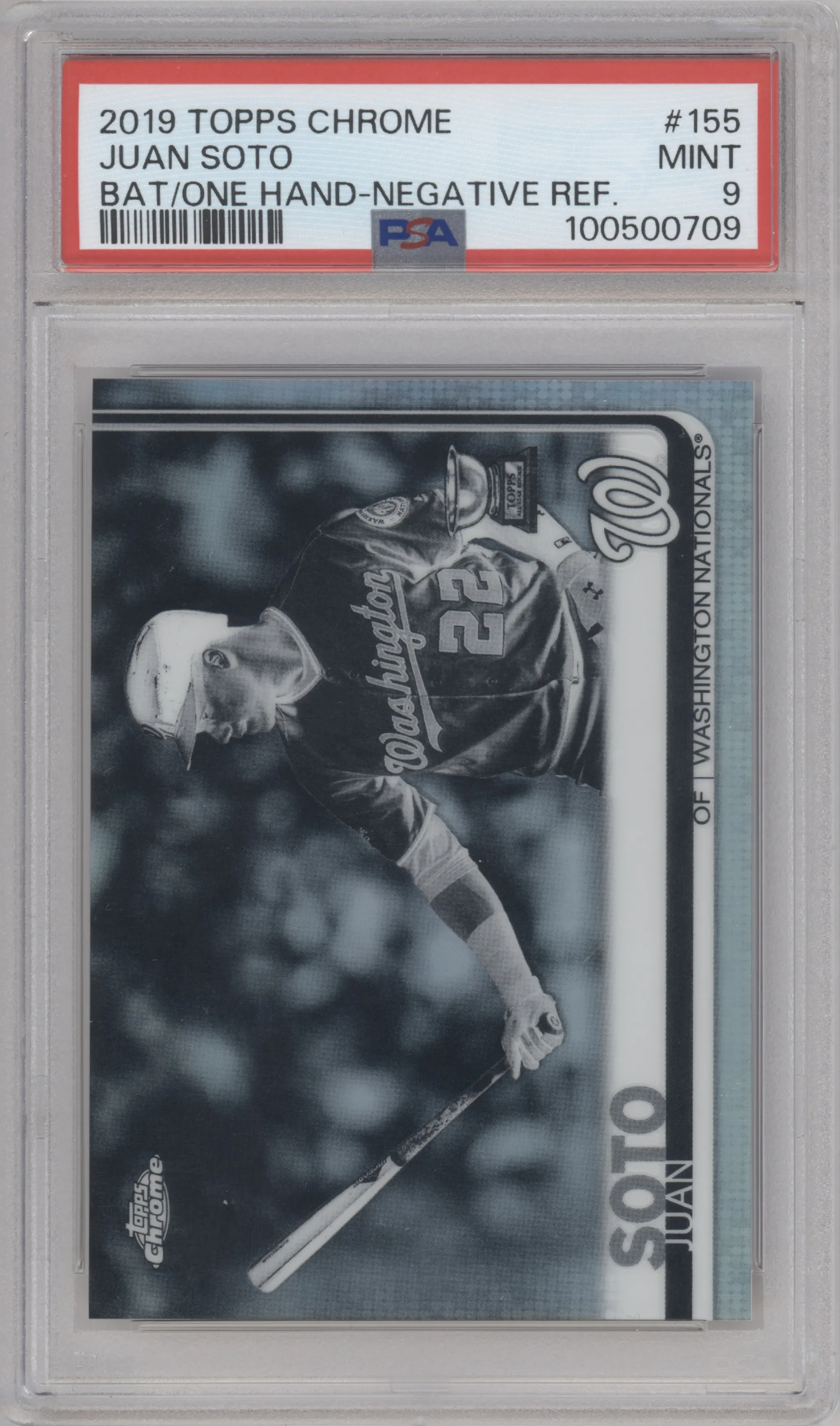 Juan Soto from the 2019 Topps Chrome set featuring a Negative Refractor parallel graded by PSA and given an overall grade of 9.