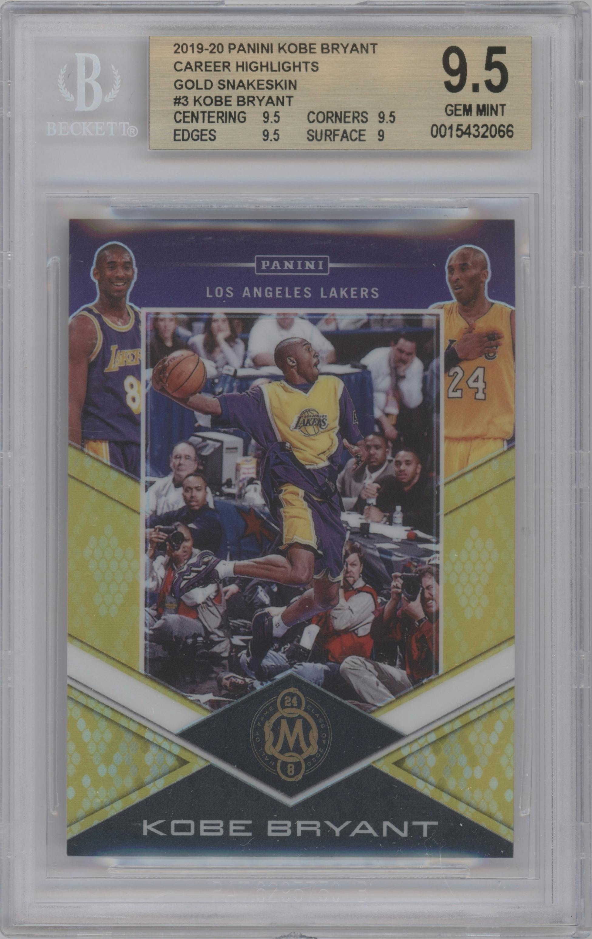 Kobe Bryant from the 2019-20 Panini Kobe Bryant Career Highlights set featuring a Snakeskin Gold parallel graded by Beckett and given an overall grade of 9.5.