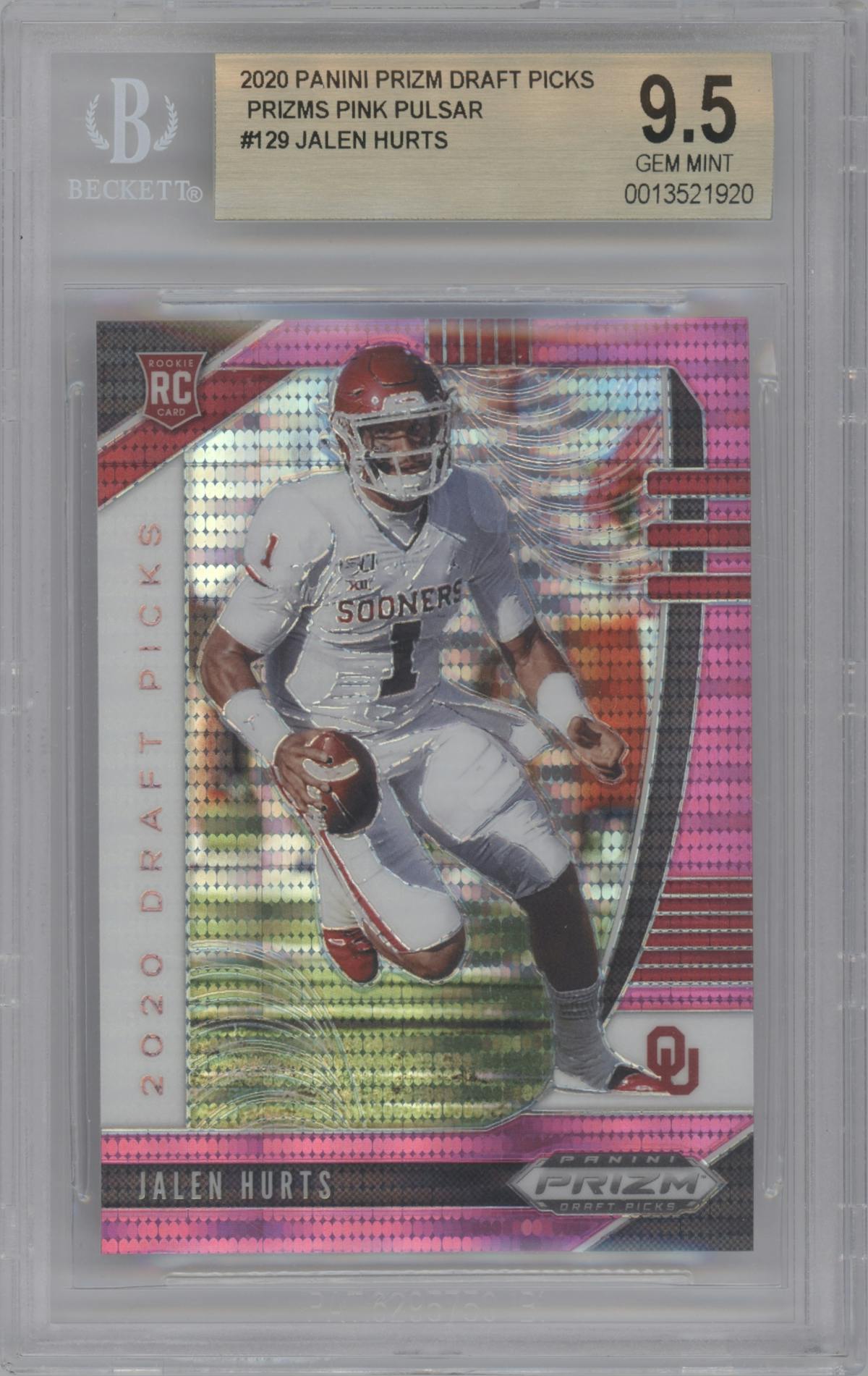 Jalen Hurts from the 2020 Panini Prizm Draft Picks set featuring a Pink Pulsar parallel graded by Beckett and given an overall grade of 9.5.