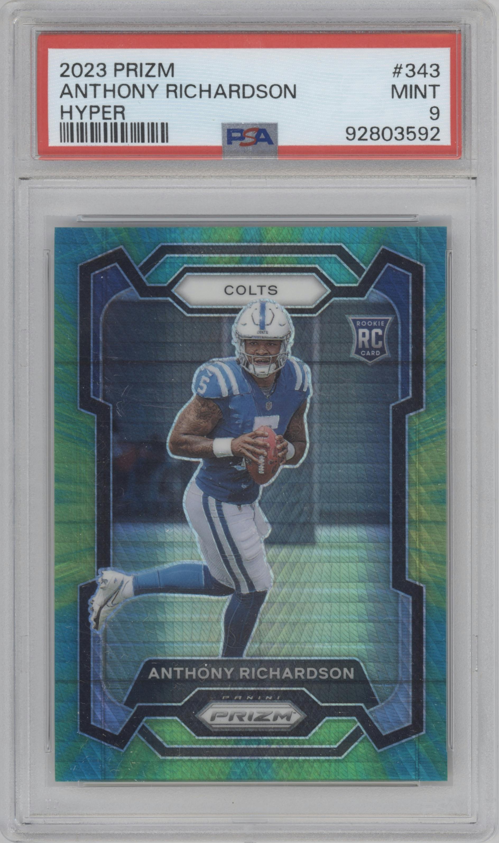 Anthony Richardson from the 2023 Panini Prizm set featuring a Hyper parallel graded by PSA and given an overall grade of 9.