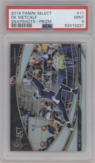 DK Metcalf from the 2019 Panini Select  set featuring a Prizm parallel graded by PSA and given an overall grade of 9.