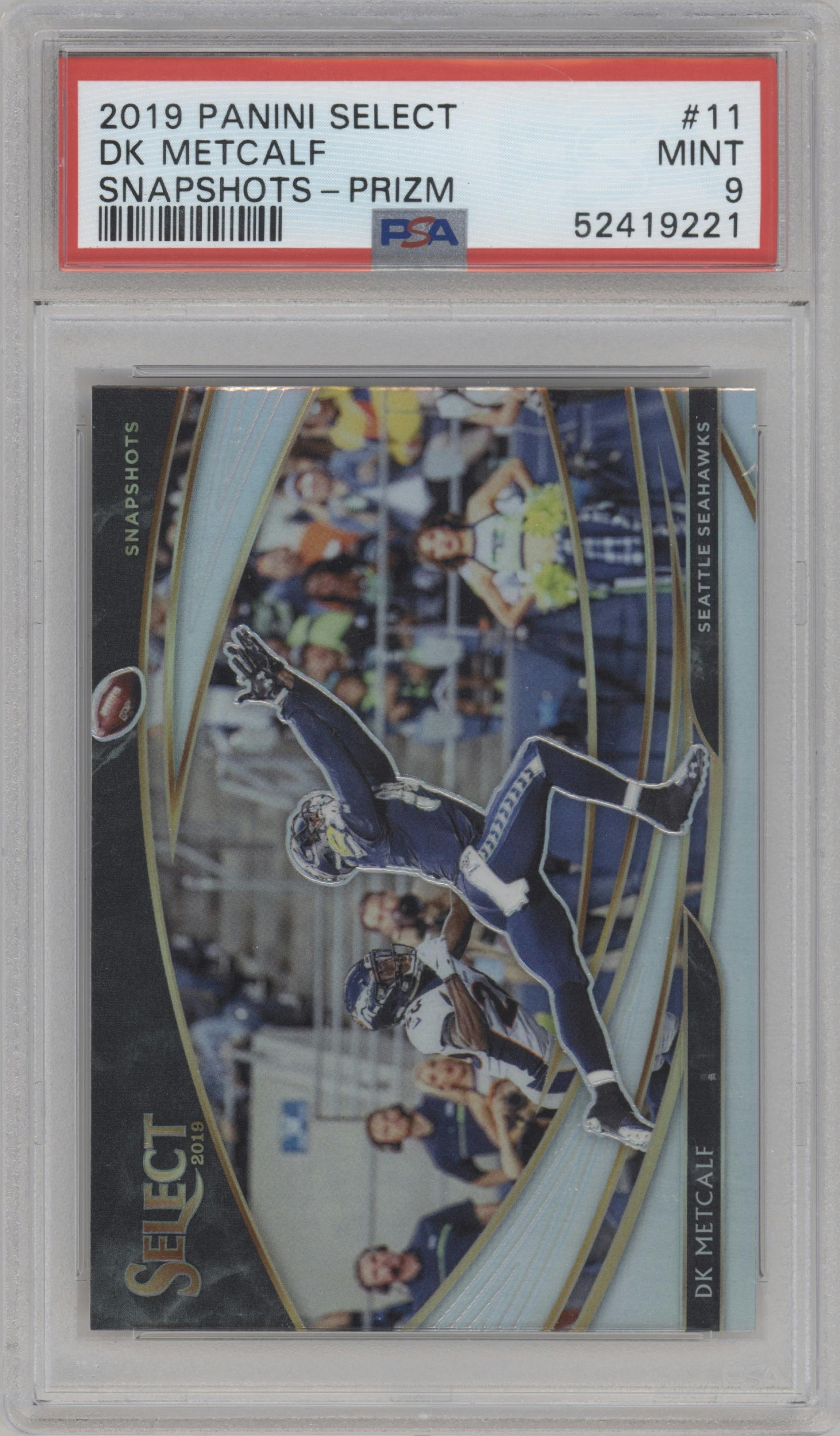 DK Metcalf from the 2019 Panini Select  set featuring a Prizm parallel graded by PSA and given an overall grade of 9.