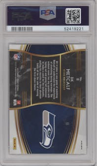 DK Metcalf from the 2019 Panini Select  set featuring a Prizm parallel graded by PSA and given an overall grade of 9.