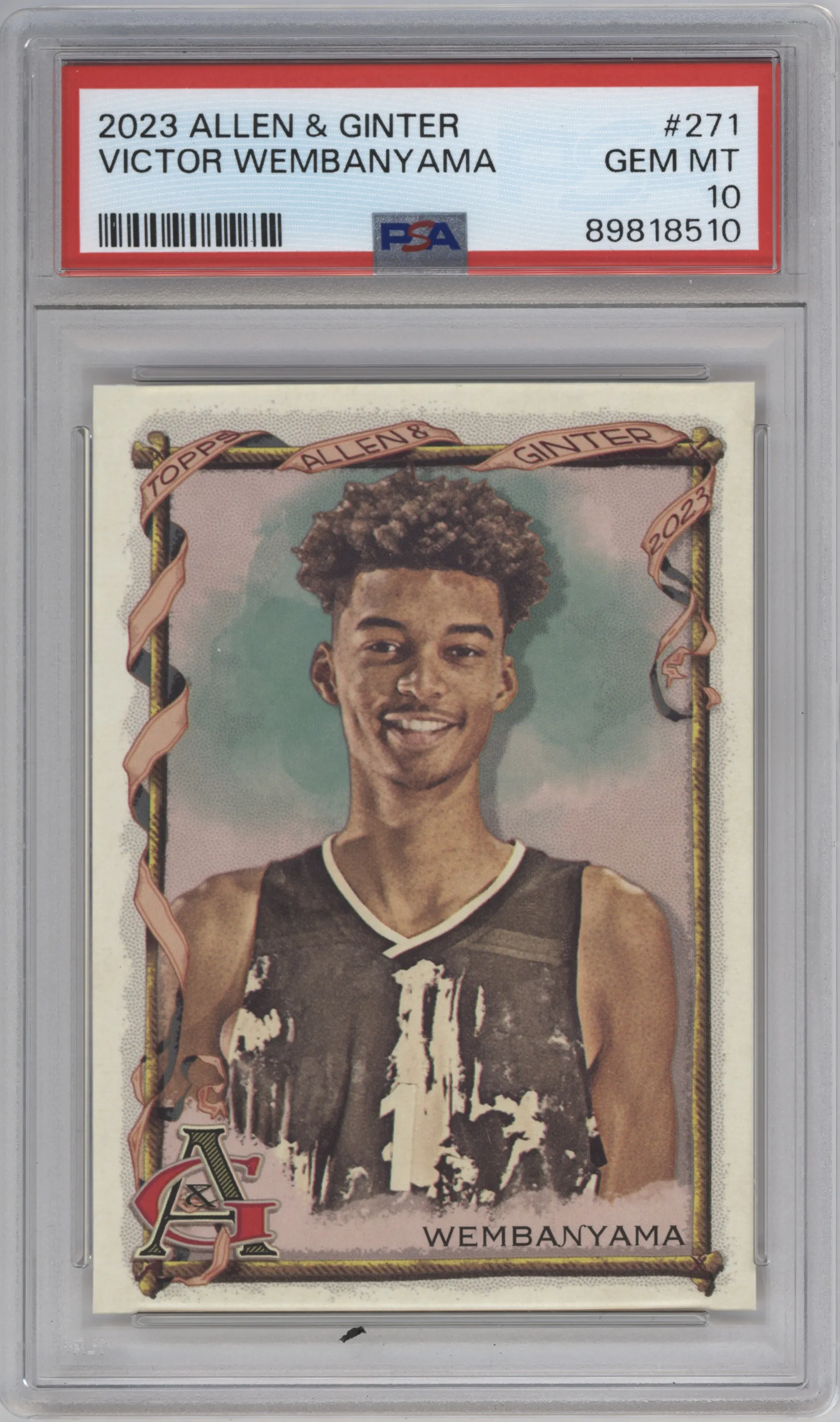 Victor Wembanyama from the 2023 Topps Allen & Ginter set graded by PSA and given an overall grade of 10.