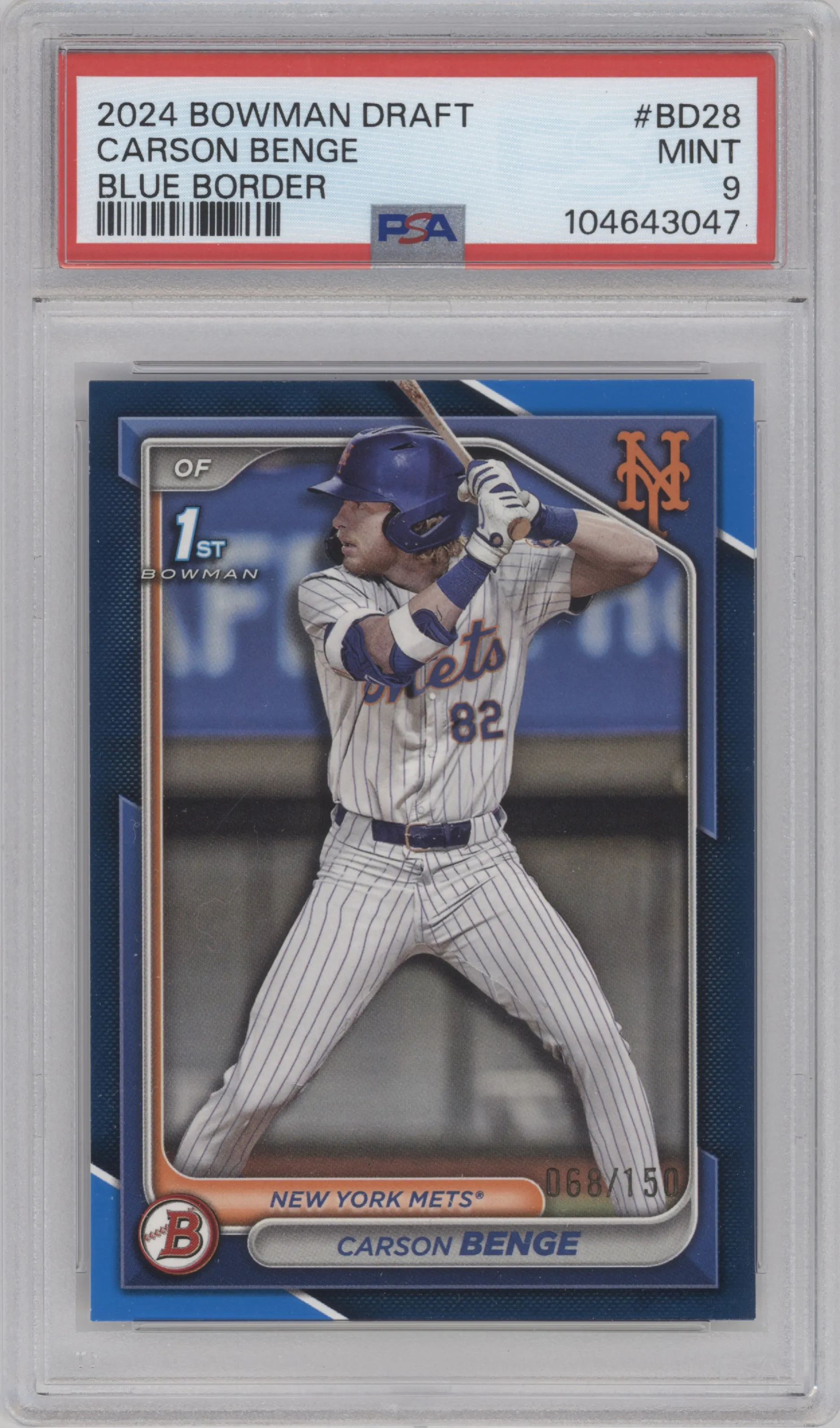 Carson Benge from the 2024 Bowman Draft set featuring a Blue Border parallel graded by PSA and given an overall grade of 9.