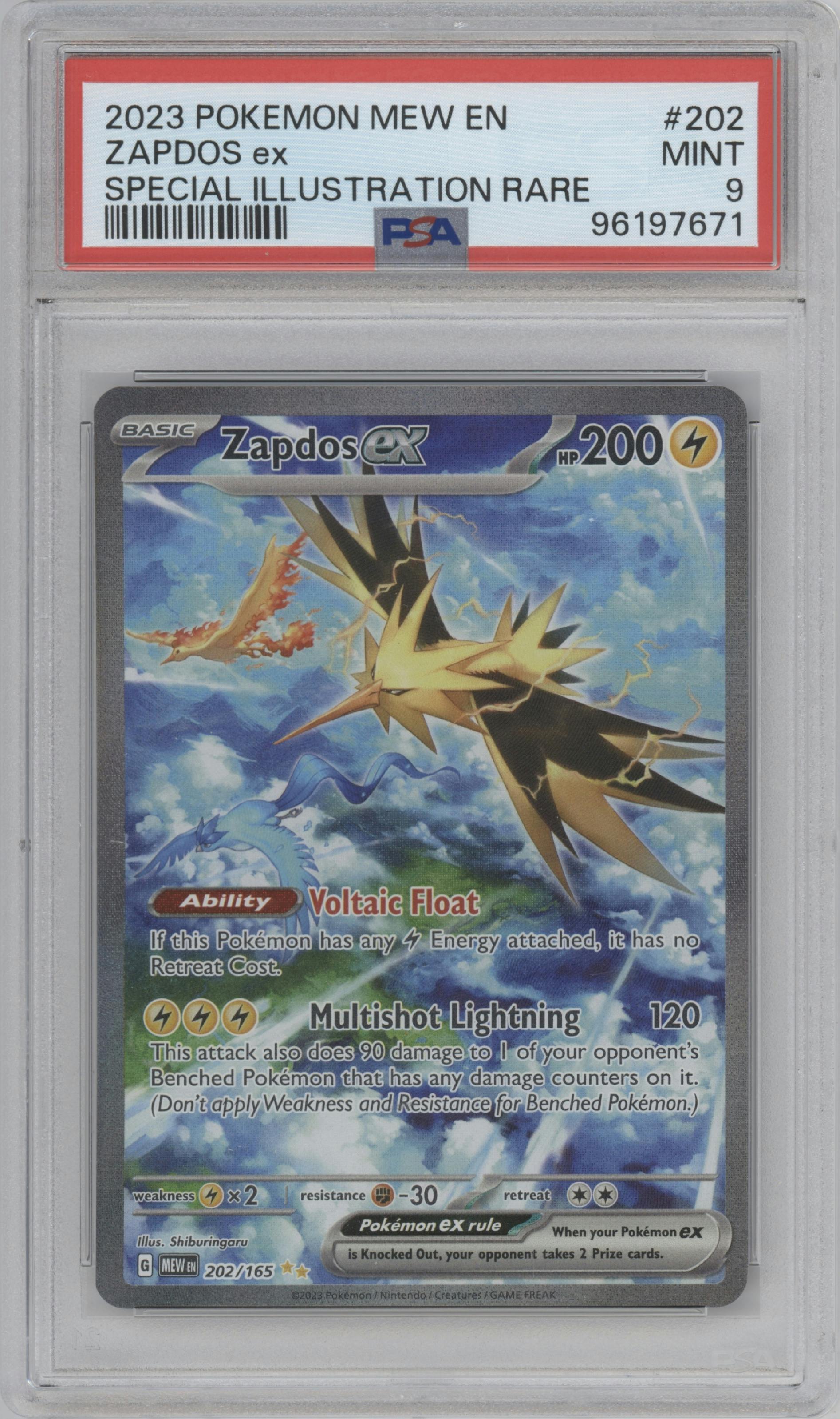 Zapdos EX from the 2023 Pokemon SV set graded by PSA and given an overall grade of 9.