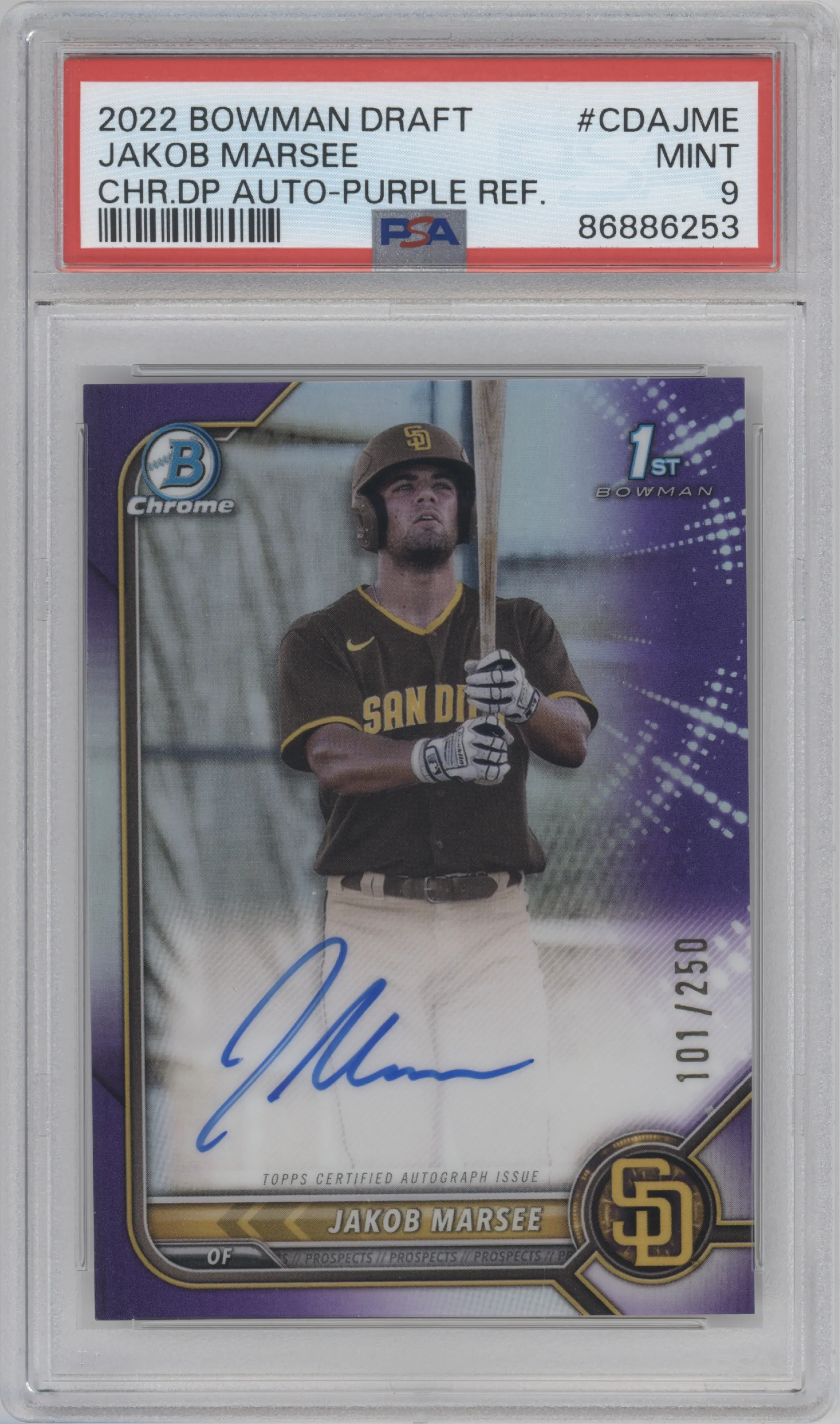 Jakob Marsee from the 2022 Bowman Draft set featuring a Purple Refractor parallel graded by PSA and given an overall grade of 9.
