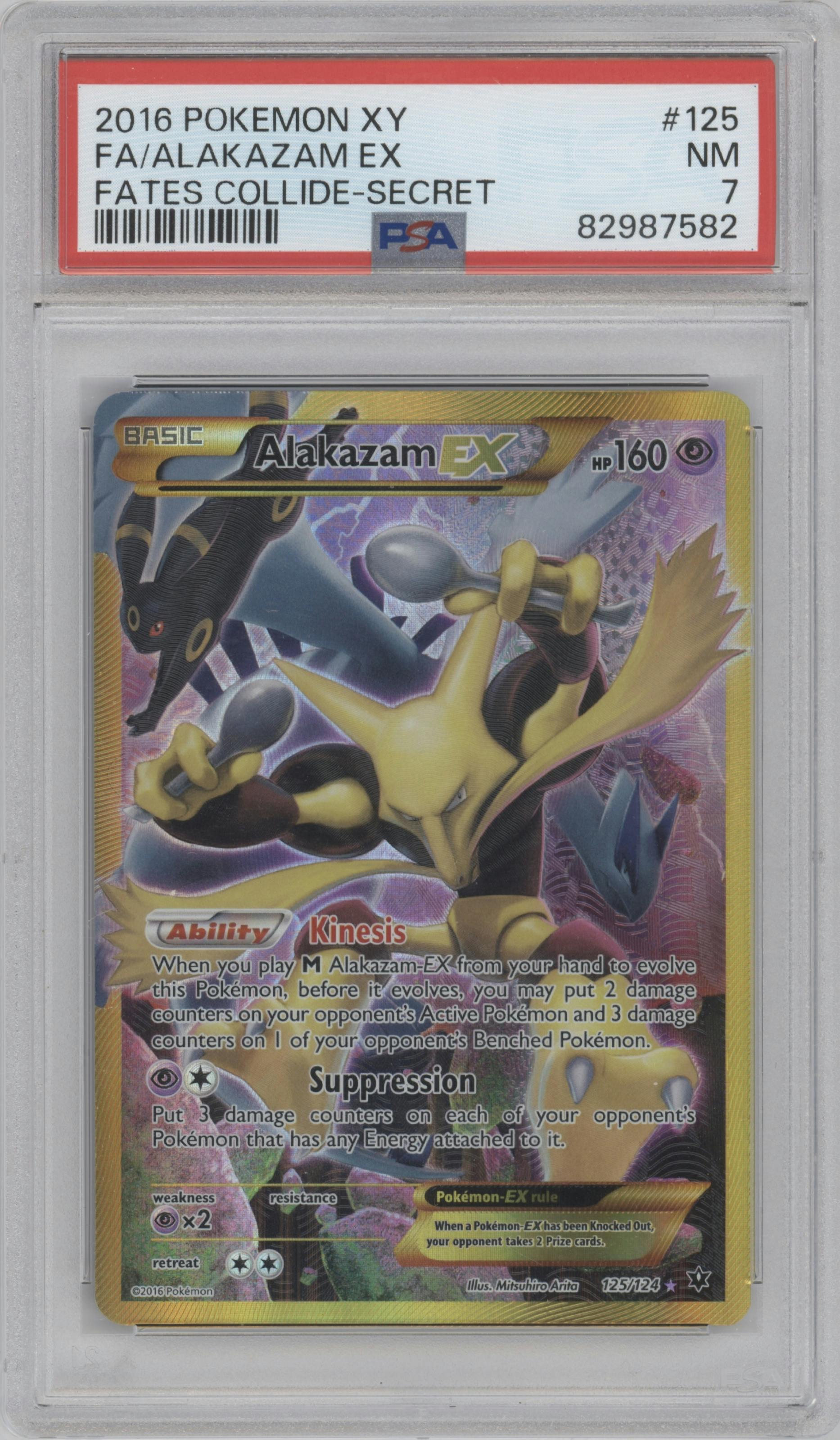 Alakazam EX from the 2016 Pokemon XY set graded by PSA and given an overall grade of 7.