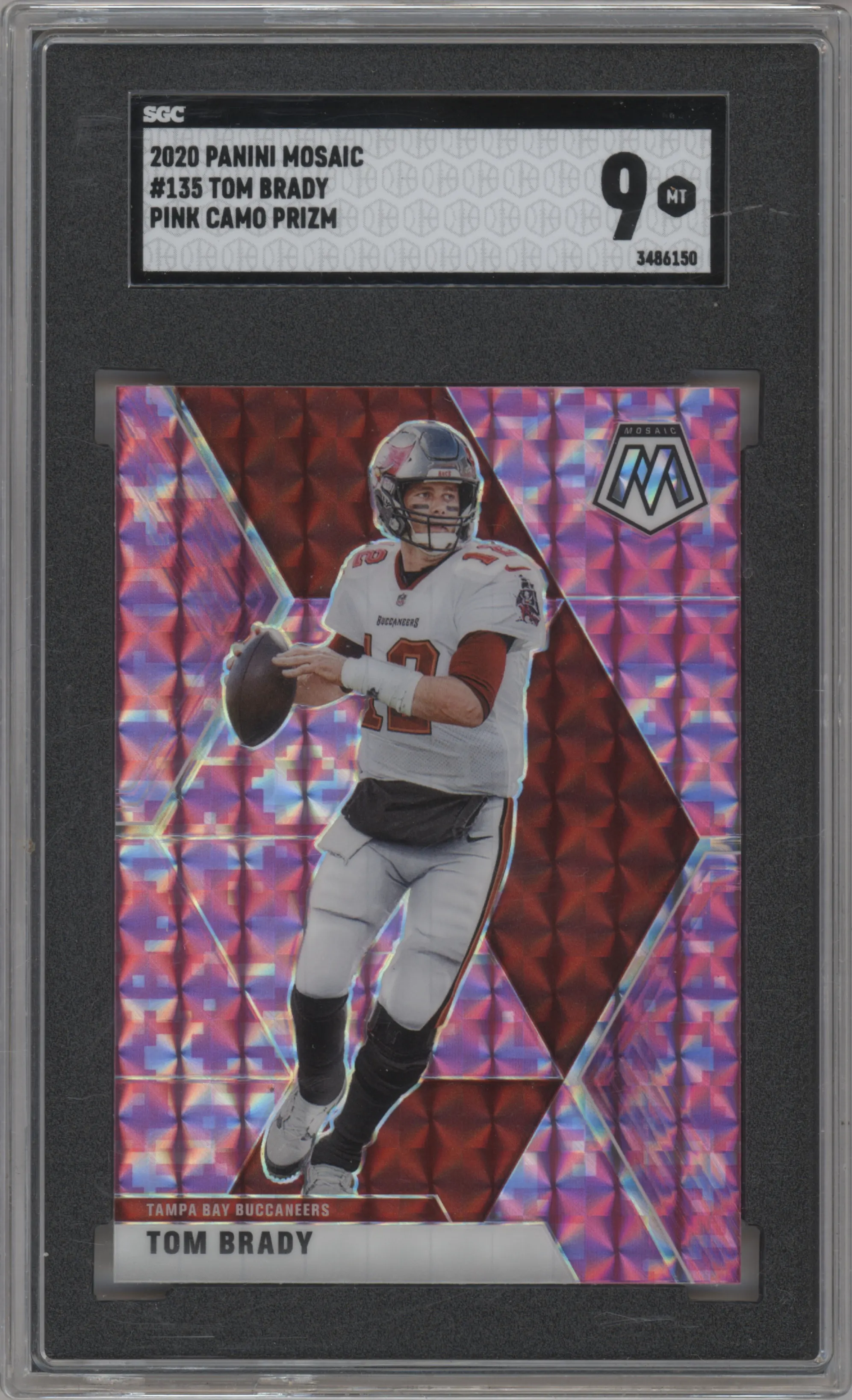 Tom Brady from the 2020 Panini Mosaic set featuring a Pink Camo parallel graded by SGC and given an overall grade of 9.