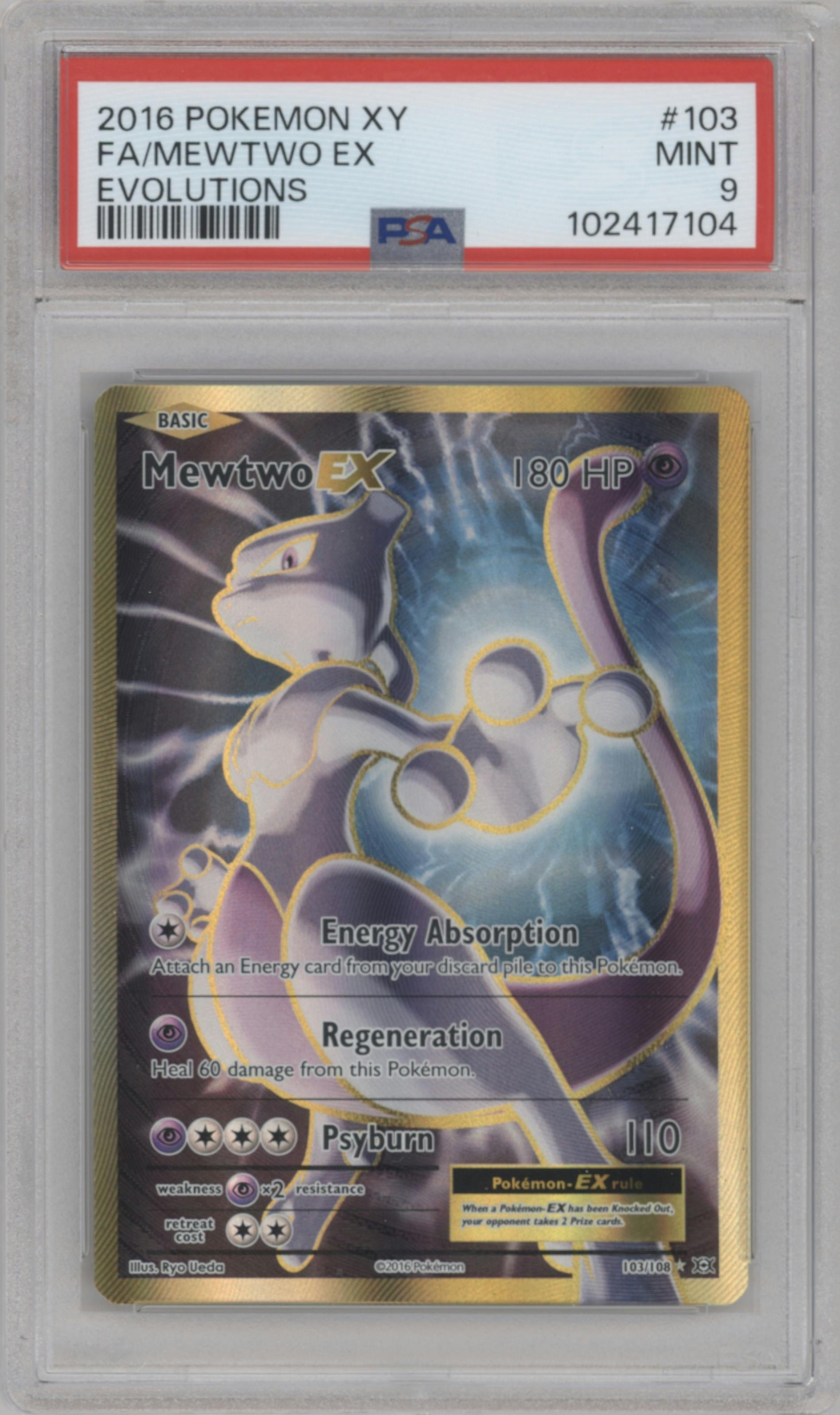 Mewtwo EX from the 2016 Pokemon XY set graded by PSA and given an overall grade of 9.