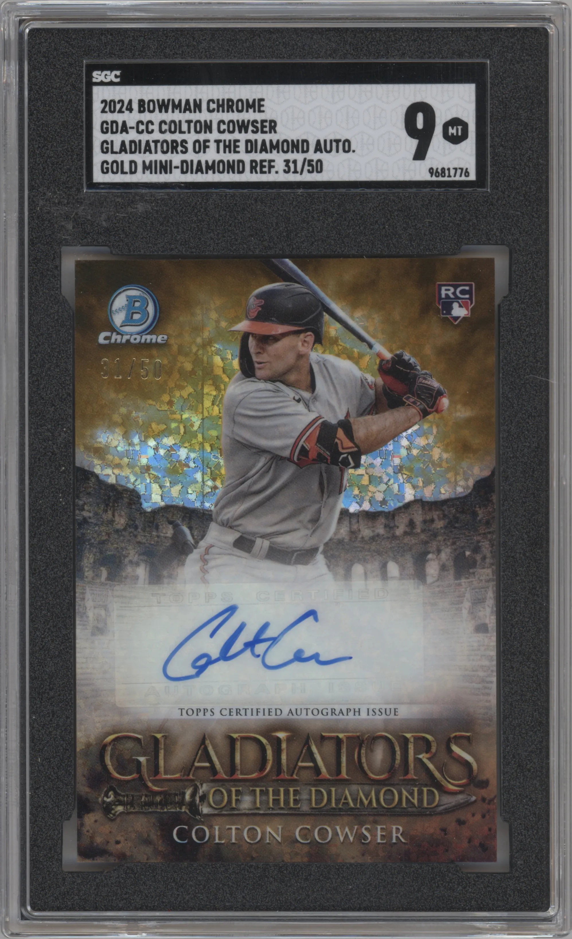 Colton Cowser from the 2024 Bowman Chrome set featuring a Gold Mini Diamond Refractor parallel graded by SGC and given an overall grade of 9.