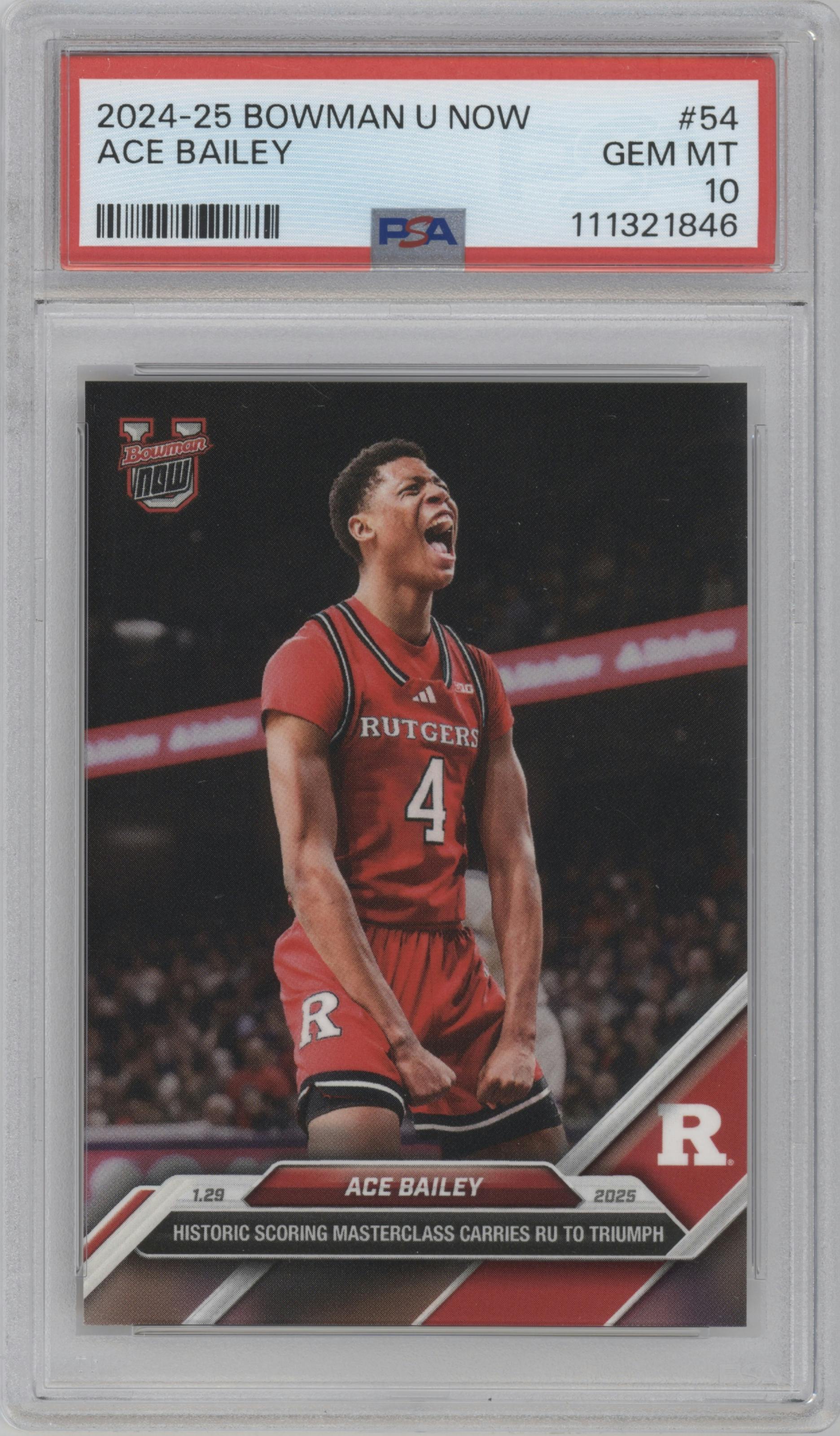 Ace Bailey from the 2024-25 Bowman U Now set graded by PSA and given an overall grade of 10.