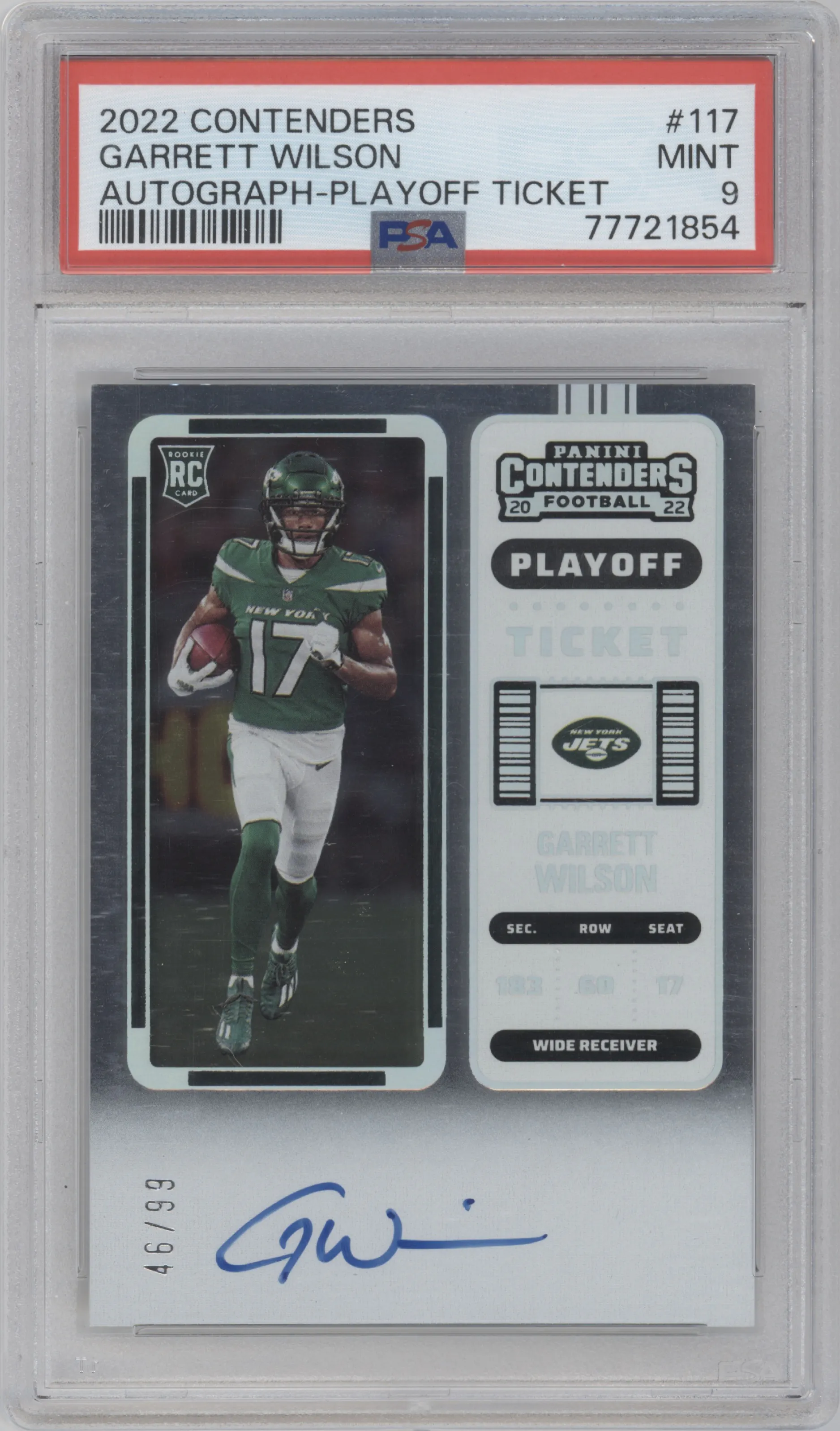 Garrett Wilson from the 2022 Panini Contenders set featuring a Playoff Ticket  parallel graded by PSA and given an overall grade of 9.