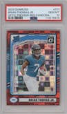 Brian Thomas Jr. from the 2024 Donruss set featuring a Red Pandora parallel graded by PSA and given an overall grade of 10.