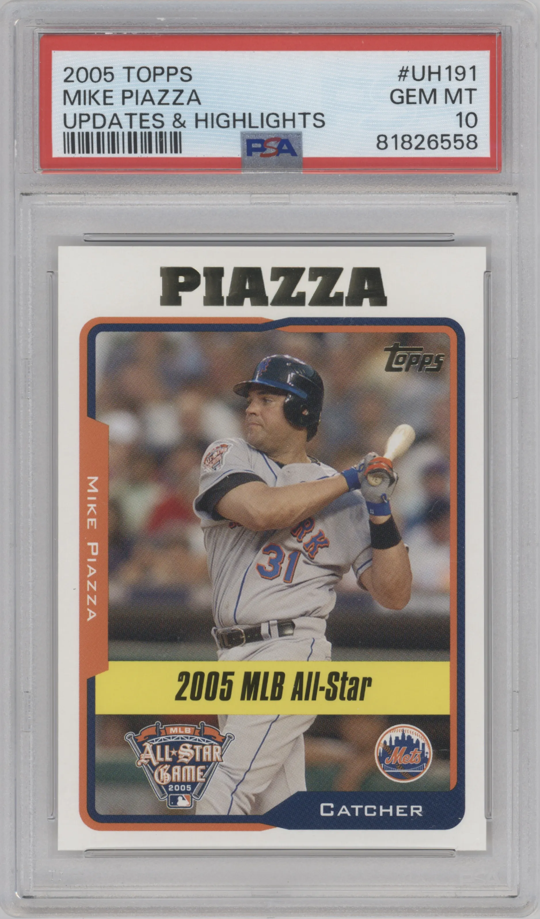 Mike Piazza  from the 2005 Topps Updates and Highlights set graded by PSA and given an overall grade of 10.