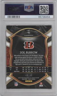 Joe Burrow from the 2020 Panini Select set featuring a Red Prizm parallel graded by PSA and given an overall grade of 9.