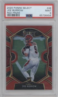 Joe Burrow from the 2020 Panini Select set featuring a Red Prizm parallel graded by PSA and given an overall grade of 9.