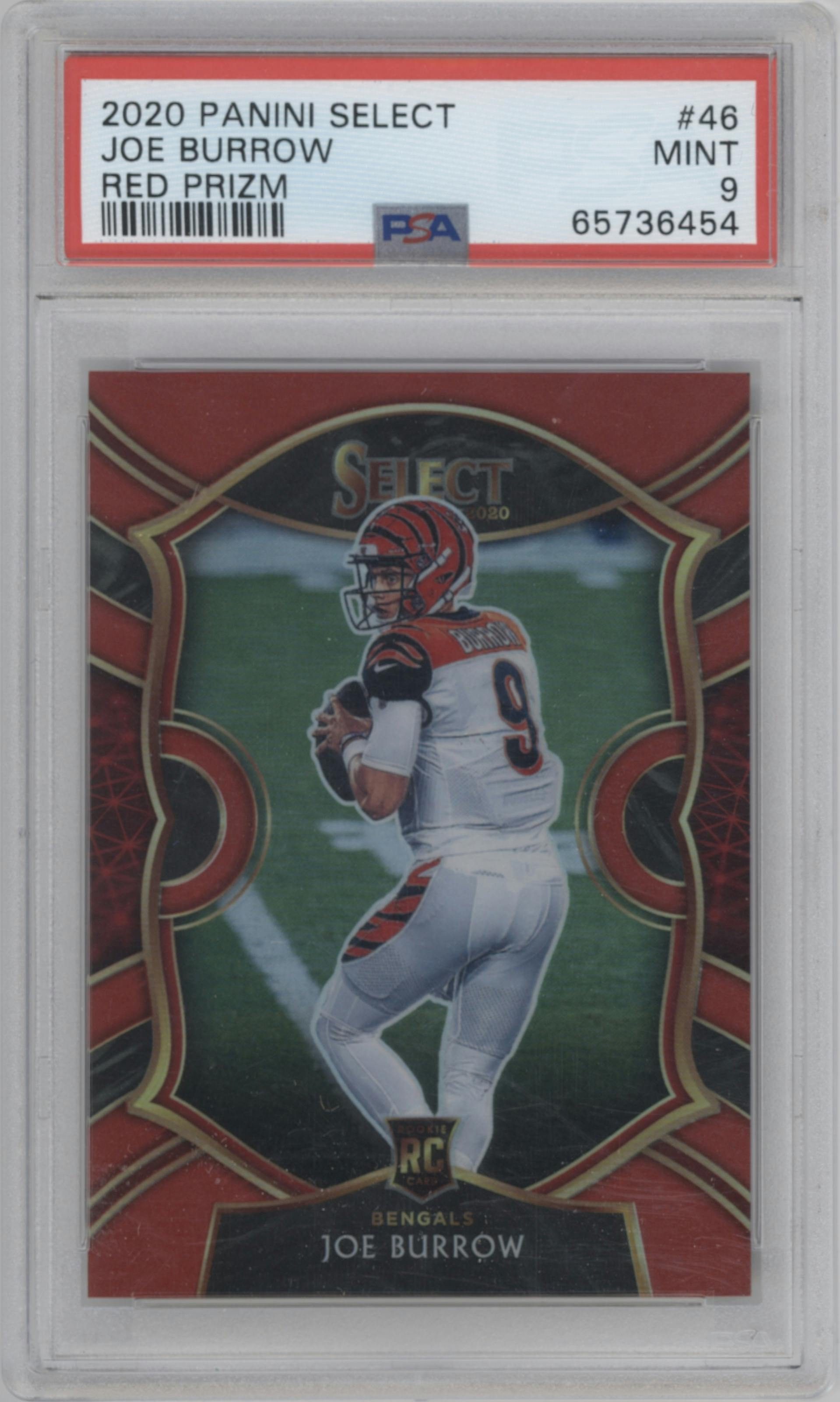 Joe Burrow from the 2020 Panini Select set featuring a Red Prizm parallel graded by PSA and given an overall grade of 9.