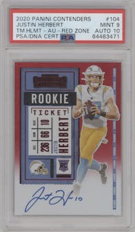 Justin Herbert from the 2020 Panini Contenders set featuring a Red Zone Ticket FOTL parallel graded by PSA and given an overall grade of 9.