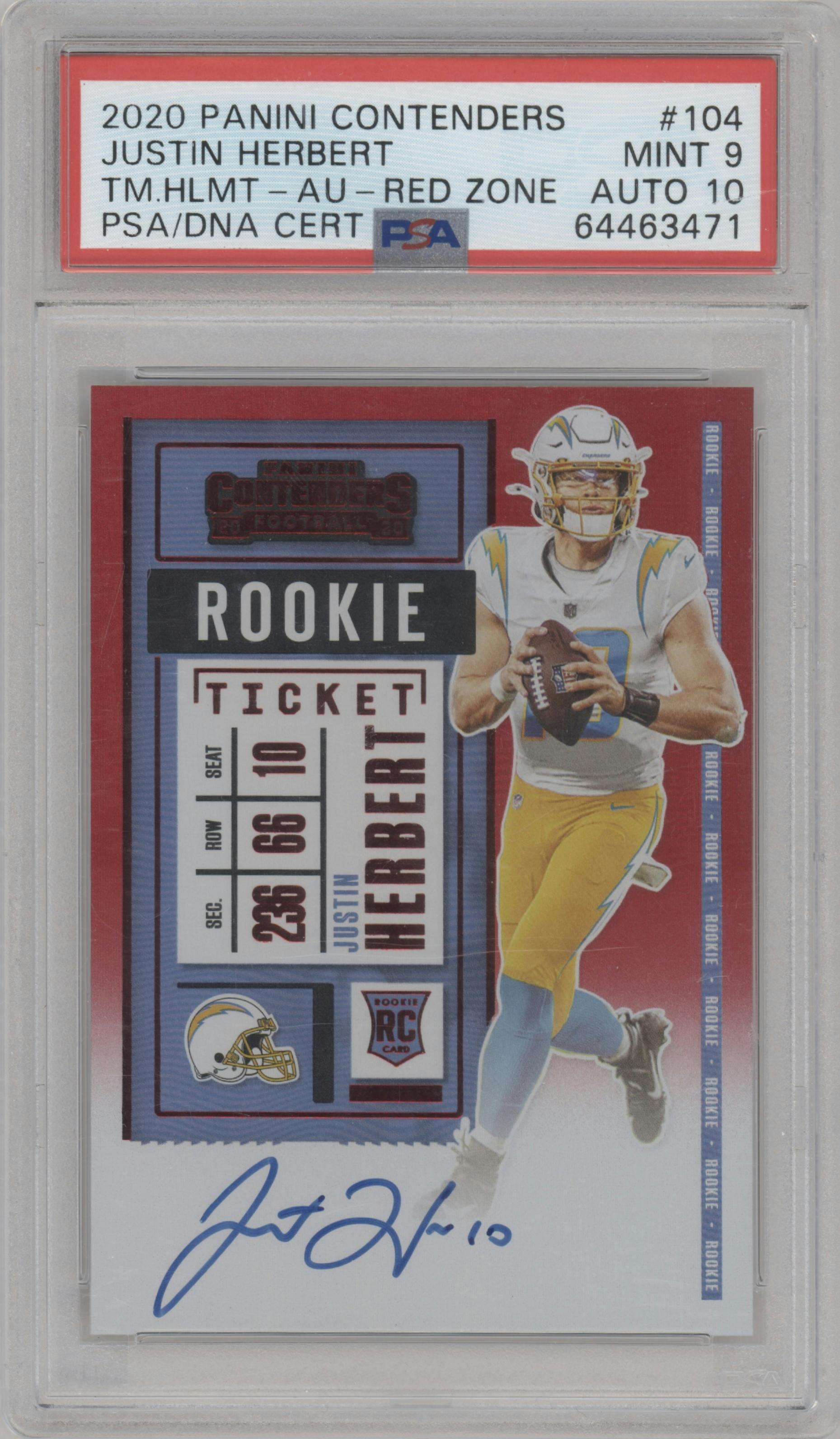 Justin Herbert from the 2020 Panini Contenders set featuring a Red Zone Ticket FOTL parallel graded by PSA and given an overall grade of 9.