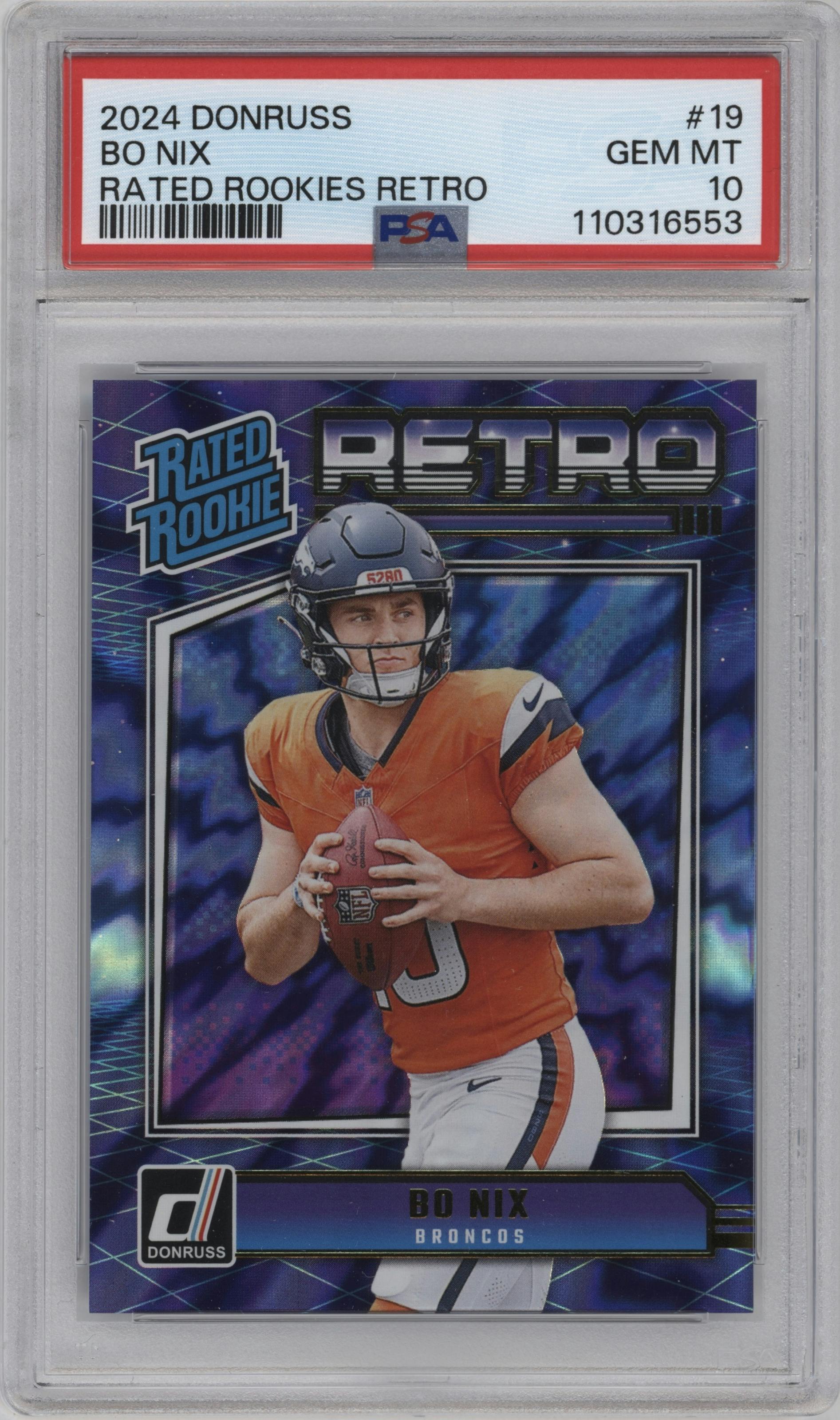 Bo Nix from the 2024 Donruss set graded by PSA and given an overall grade of 10.