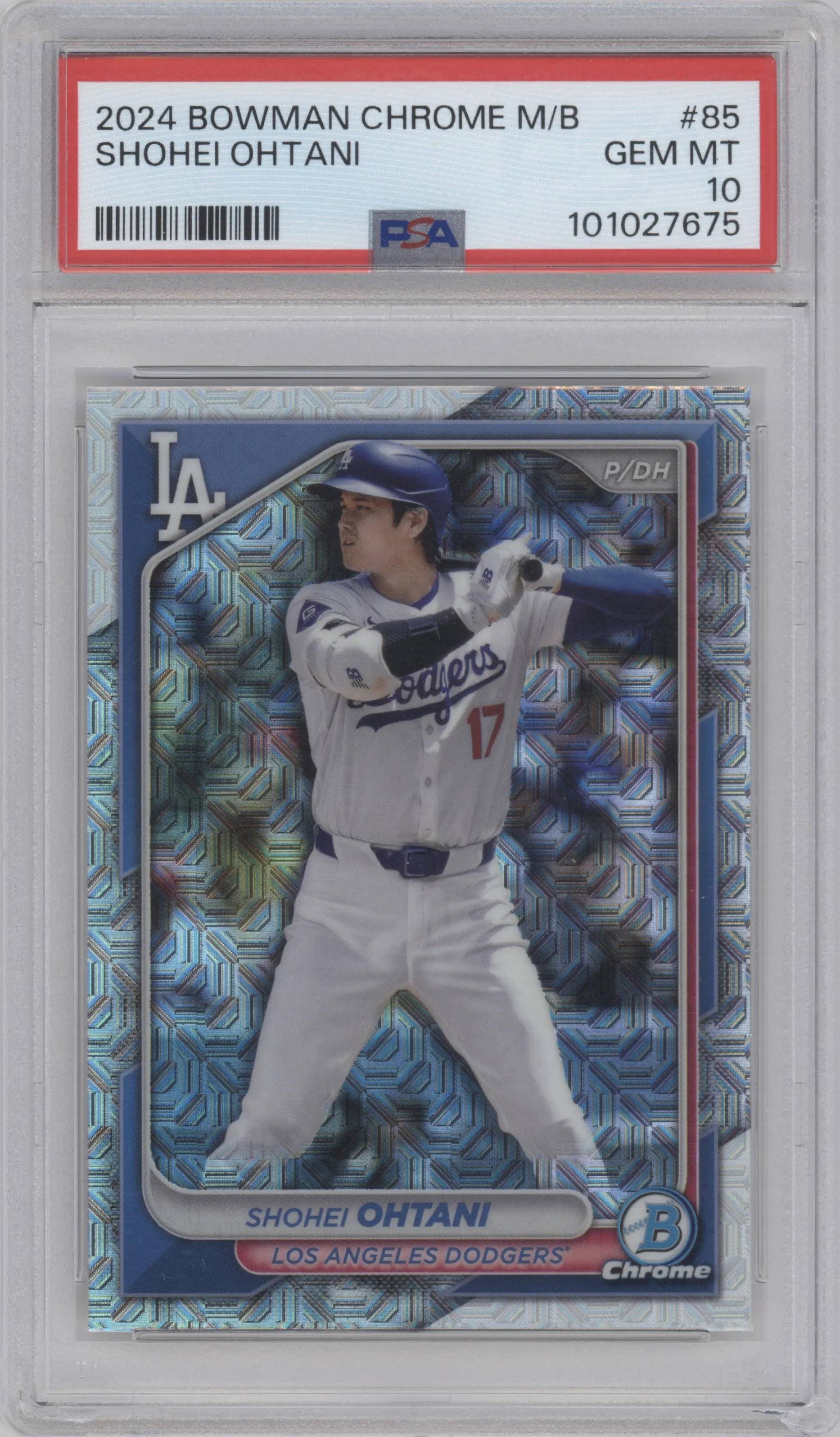 Shohei Ohtani from the 2024 Bowman Chrome Mega Box set graded by PSA and given an overall grade of 10.
