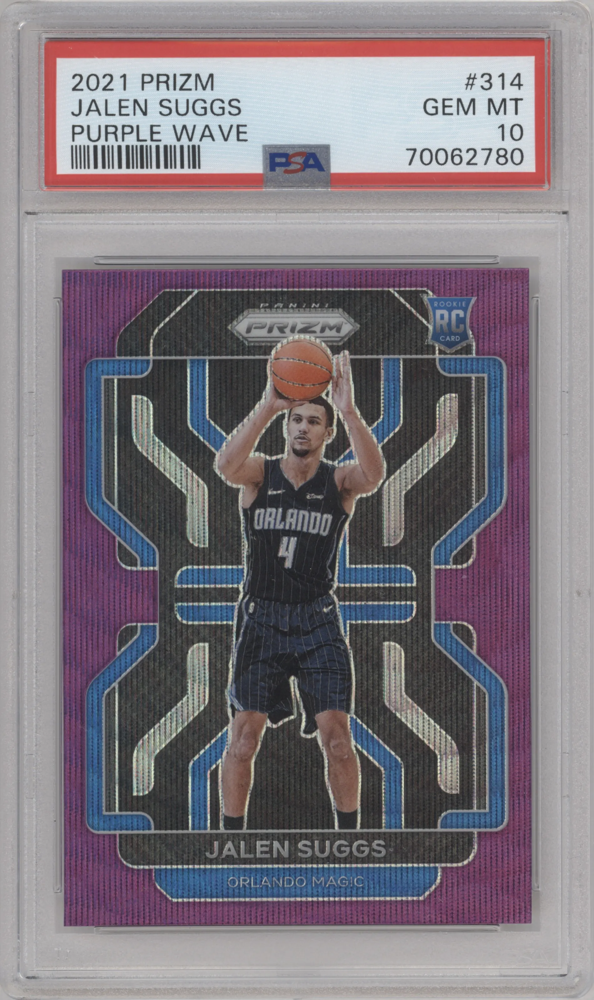 Jalen Suggs from the 2021-22 Panini Prizm  set featuring a Purple Wave parallel graded by PSA and given an overall grade of 10.