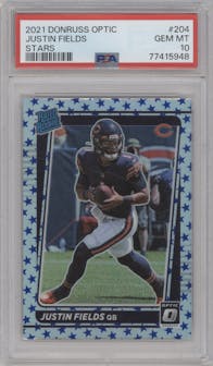 Justin Fields from the 2021 Panini Donruss Optic set featuring a Stars parallel graded by PSA and given an overall grade of 10.