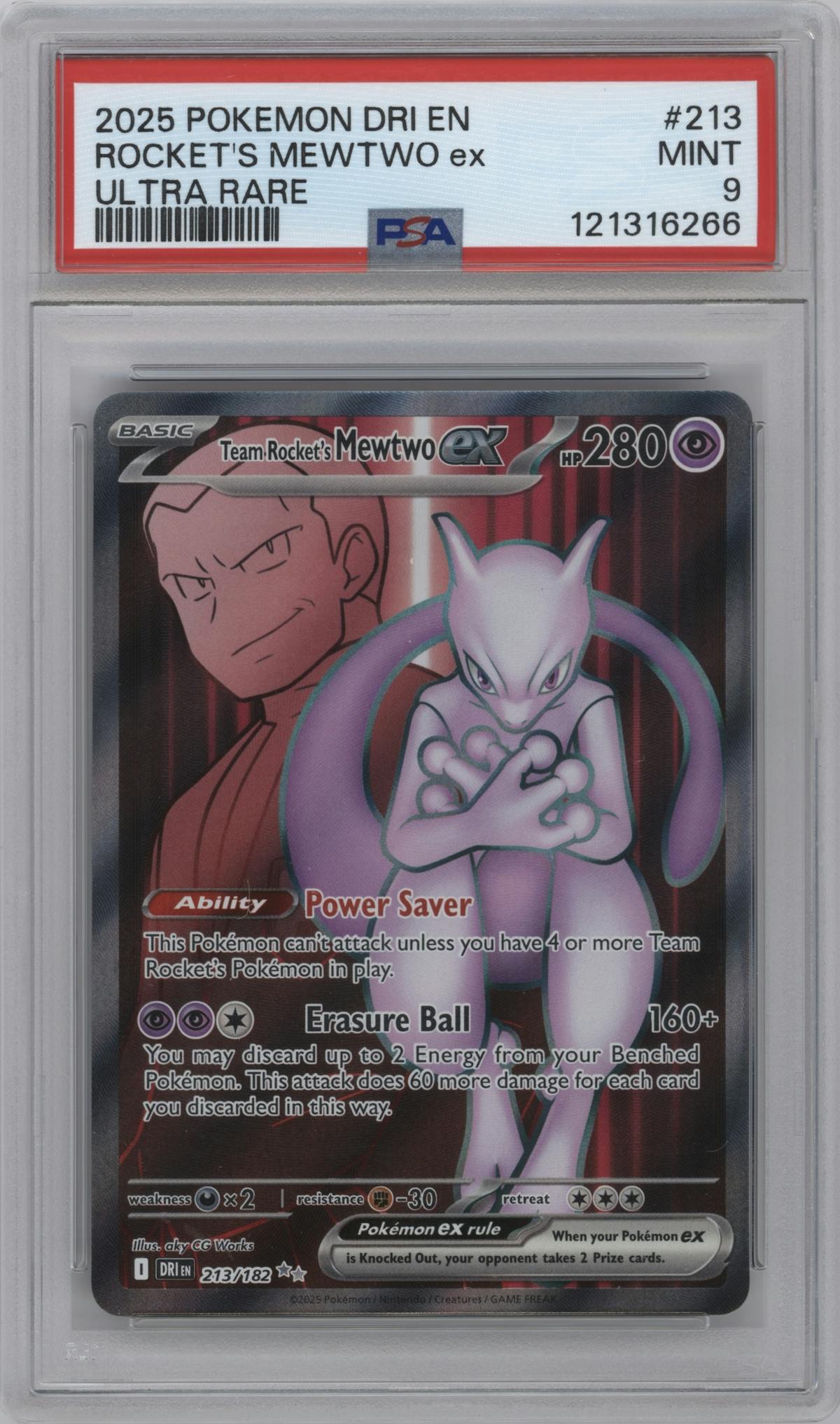 Team Rocket's Mewtwo ex from the 2025 Pokemon SV set graded by PSA and given an overall grade of 9.