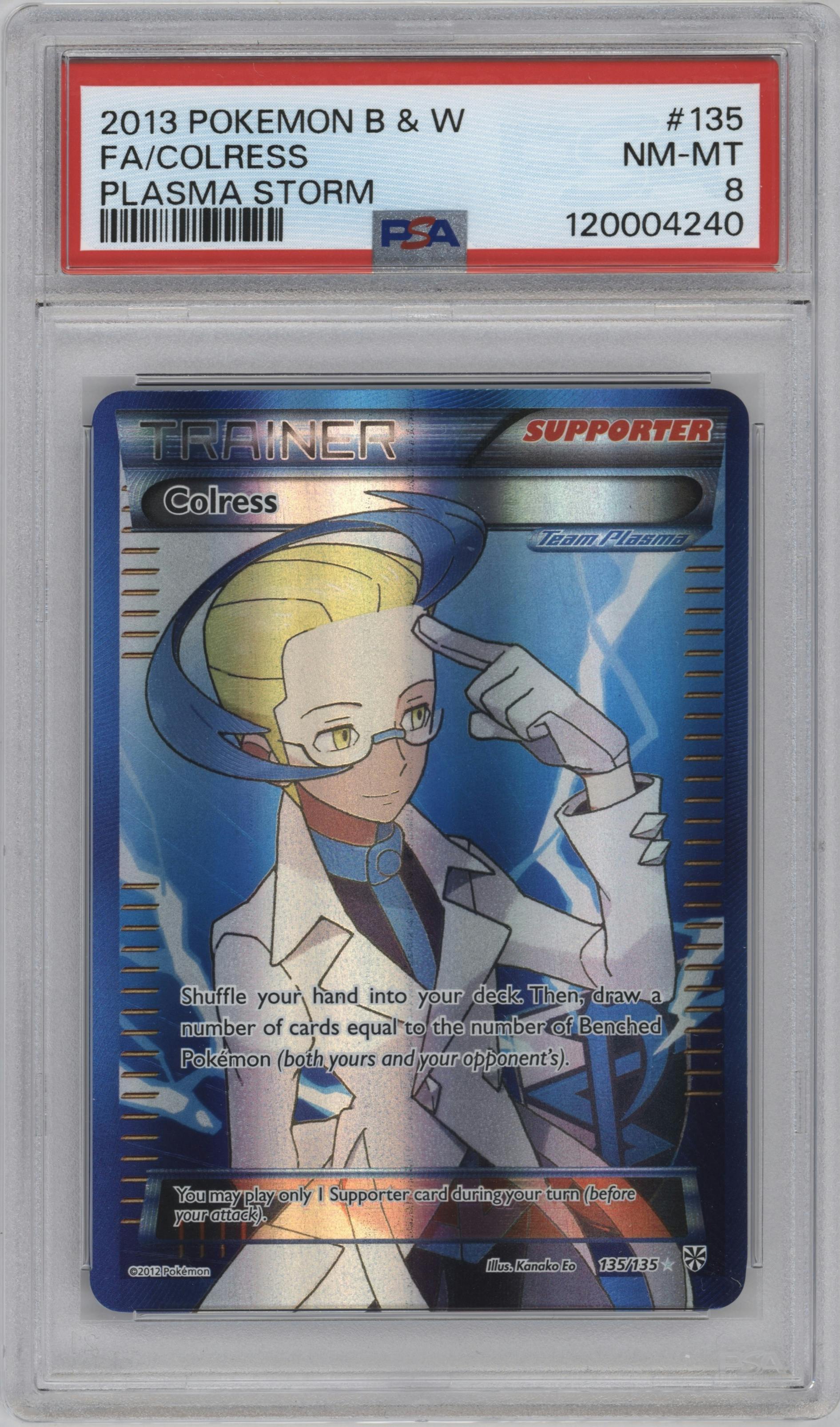 Colress from the 2013 Pokemon B&W set graded by PSA and given an overall grade of 8.